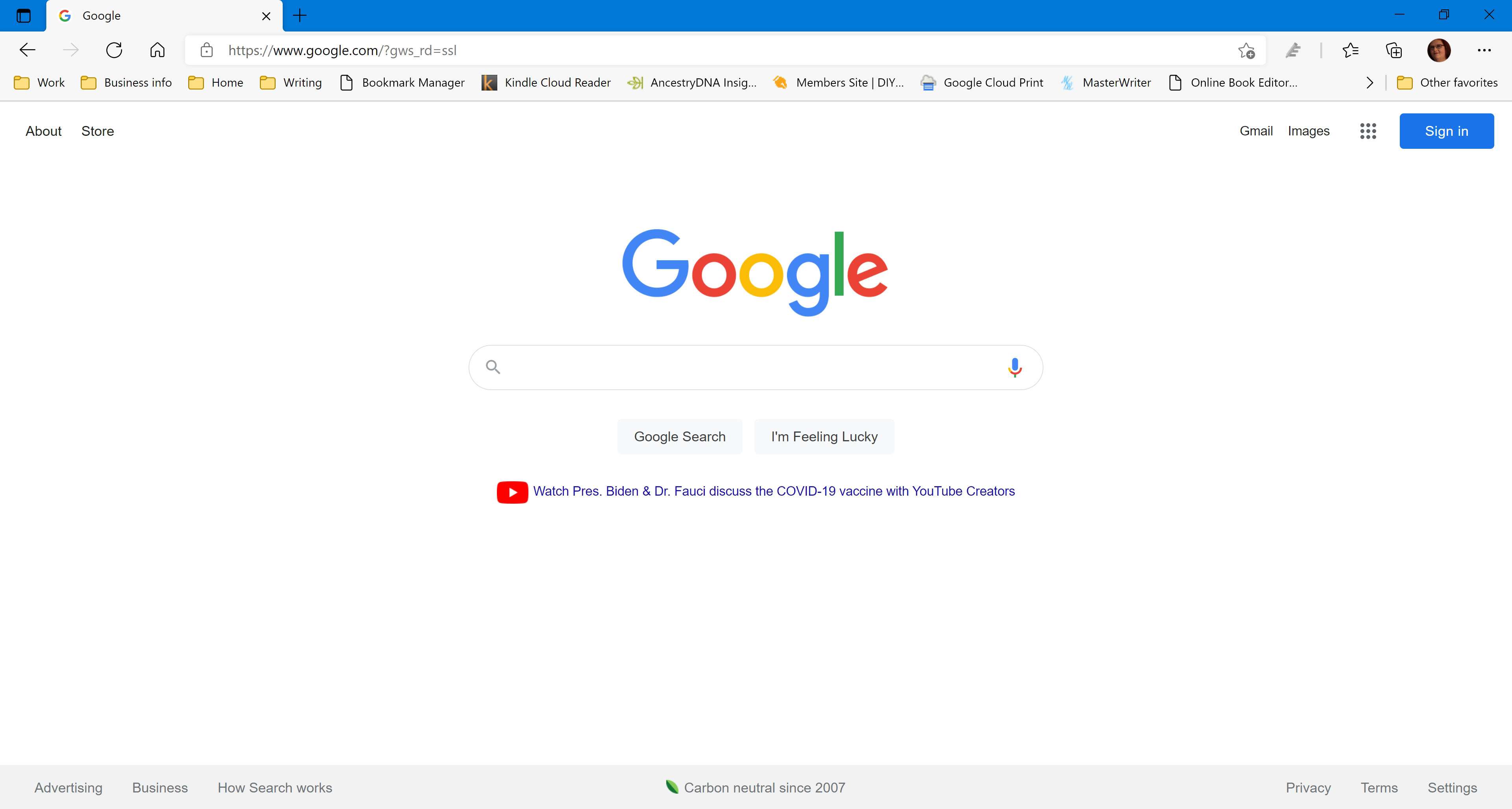 Web Google v prohlížeči Microsoft Edge.
