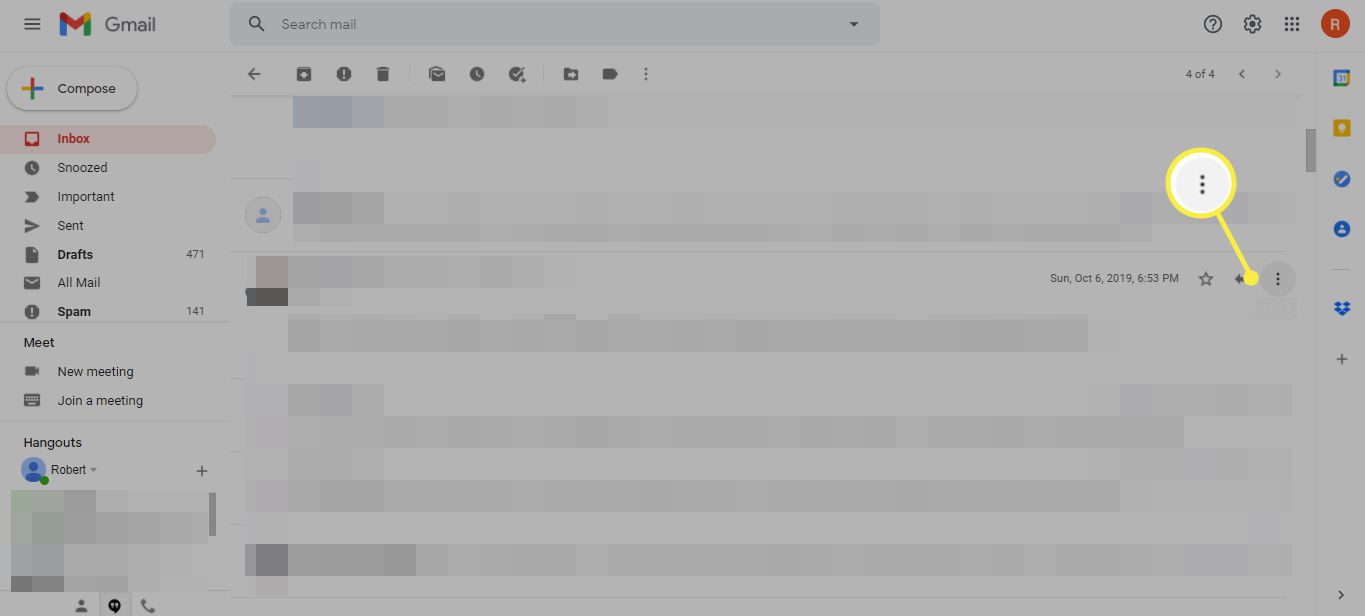 Tlačítko Více (tři vodorovné tečky) v Gmailu