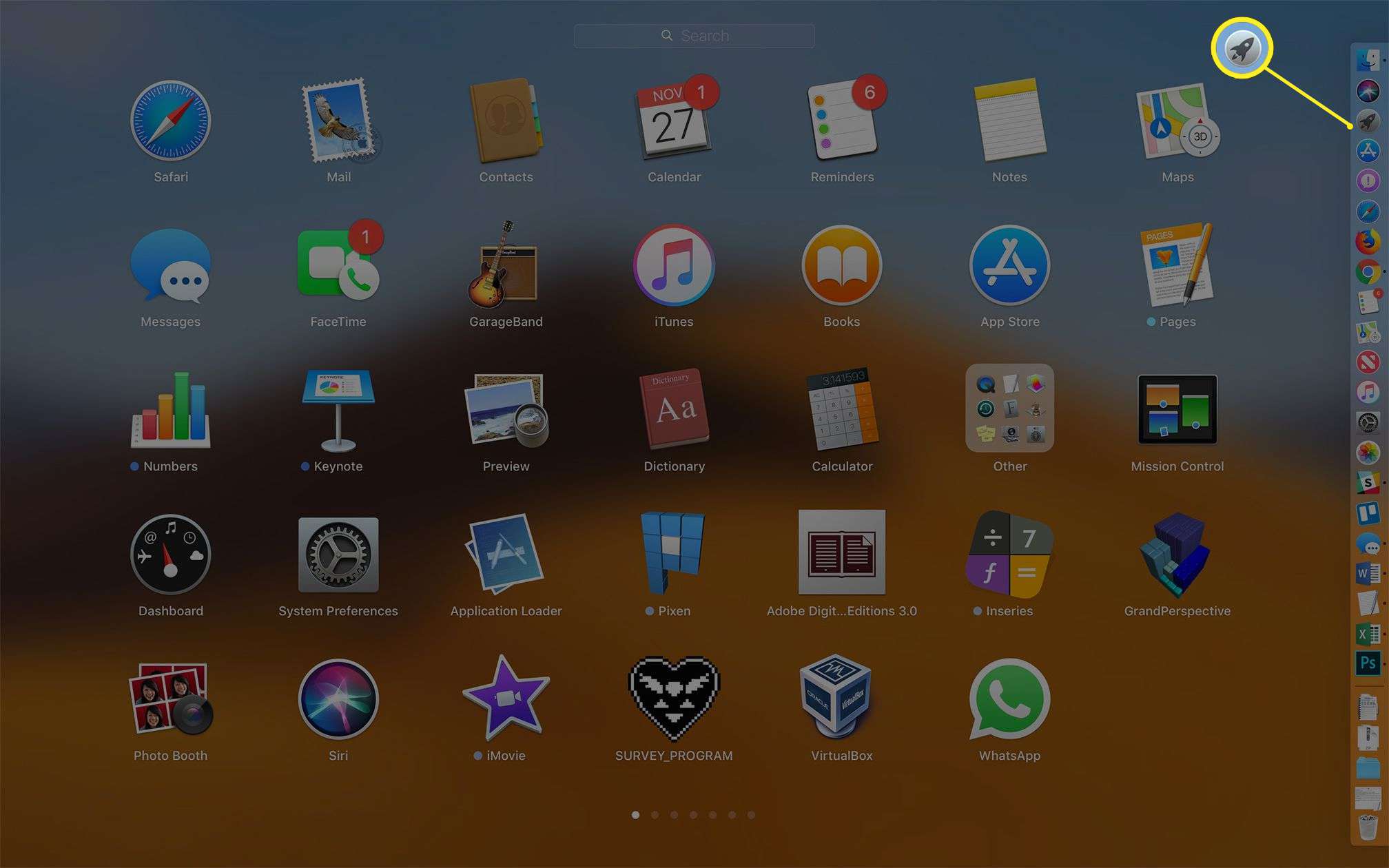 Aplikace Launchpad v systému macOS, zvýrazněte ikonu Launchpad aplikace Dock