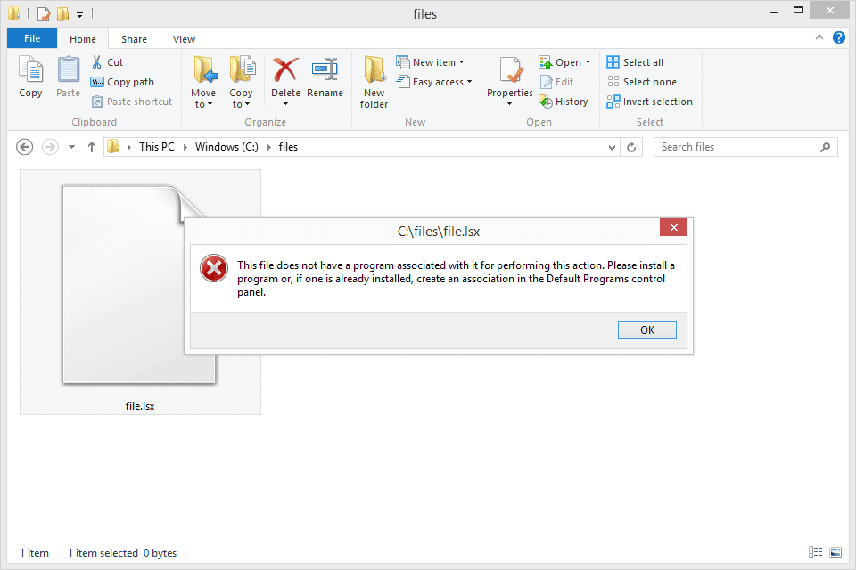 Snímek obrazovky s chybou ve Windows 8 při pokusu o otevření souboru, ke kterému není přidružen žádný program