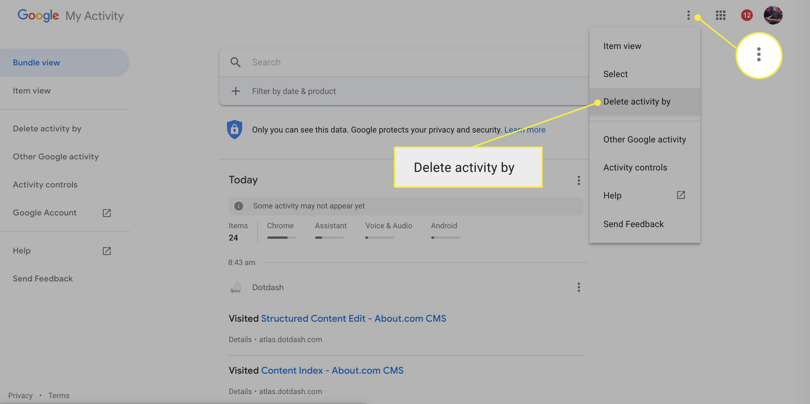 Nabídka Další a příkaz „Odstranit aktivitu podle“ v účtu Google