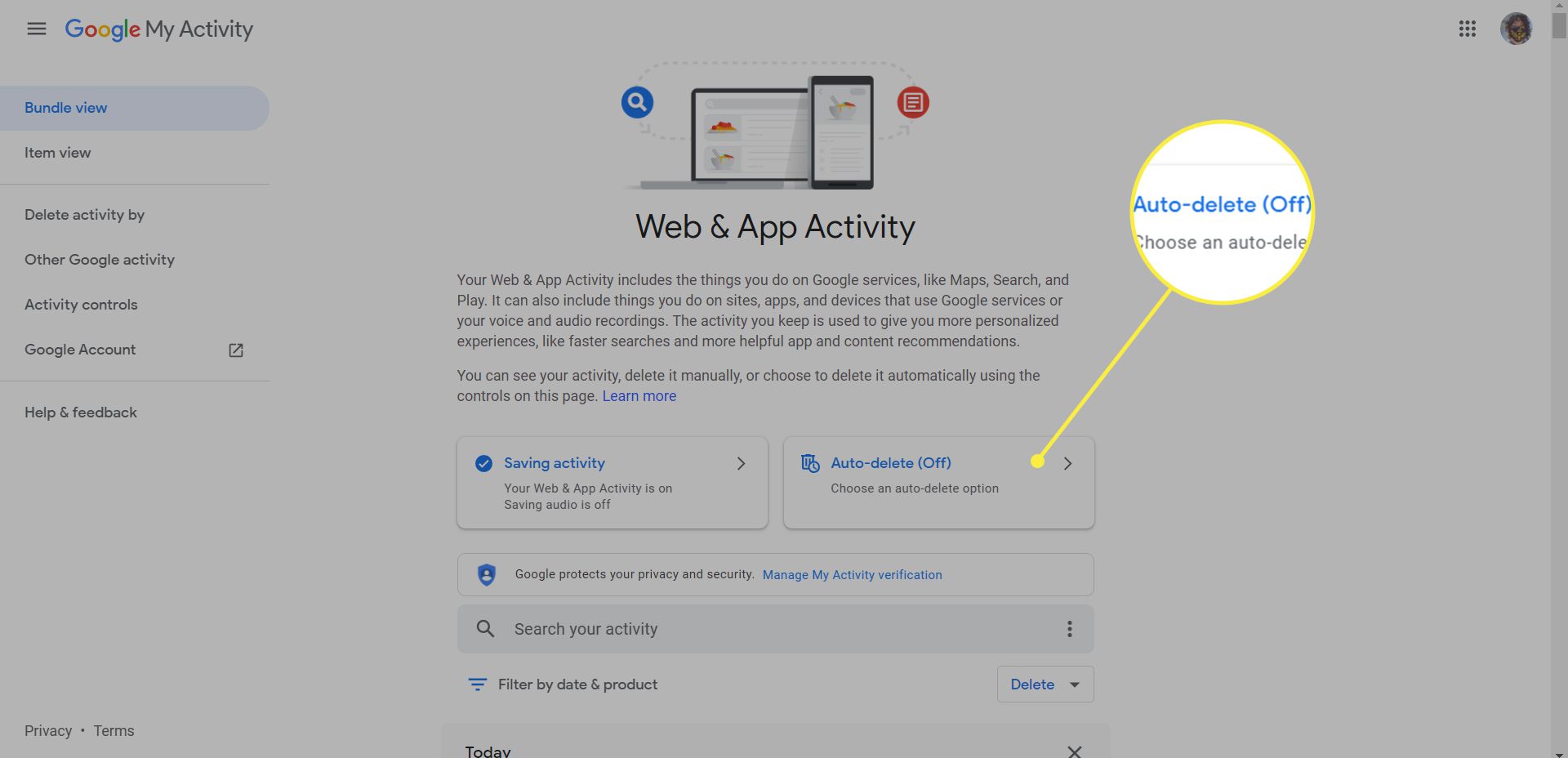 Stránka aktivity na webu a v aplikaci Google se zvýrazněnou možností automatického mazání