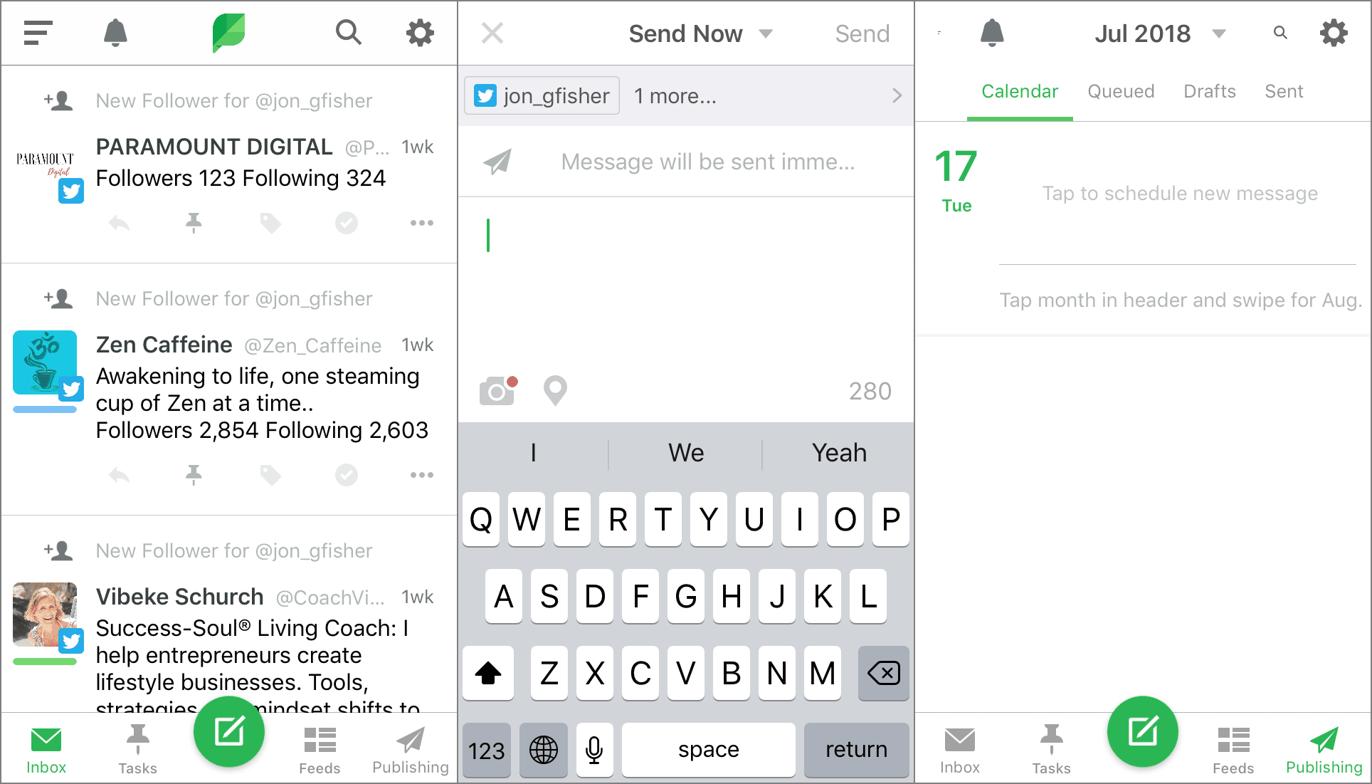 Tři obrazovky aplikace Sprout Social pro iPhone