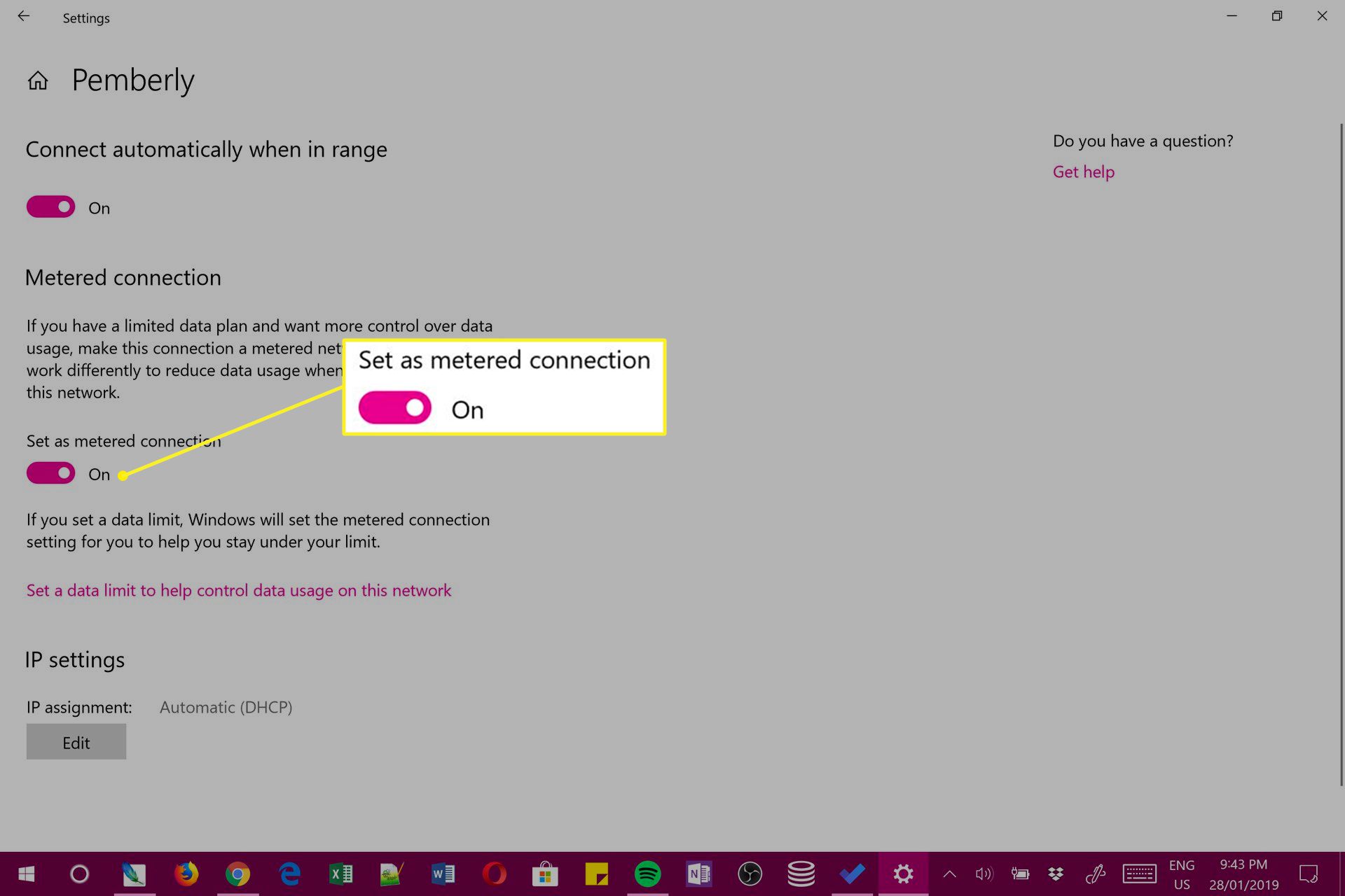 Nastavení připojení měřeno systémem Windows 10