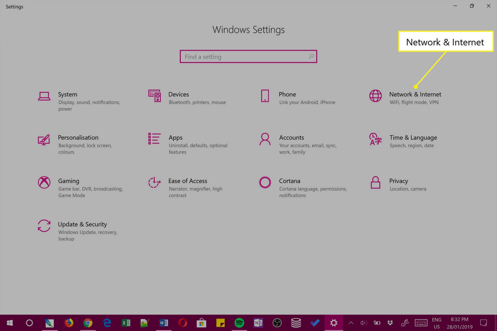 Nastavení Windows 10 se zvýrazněnou Síť a Internet