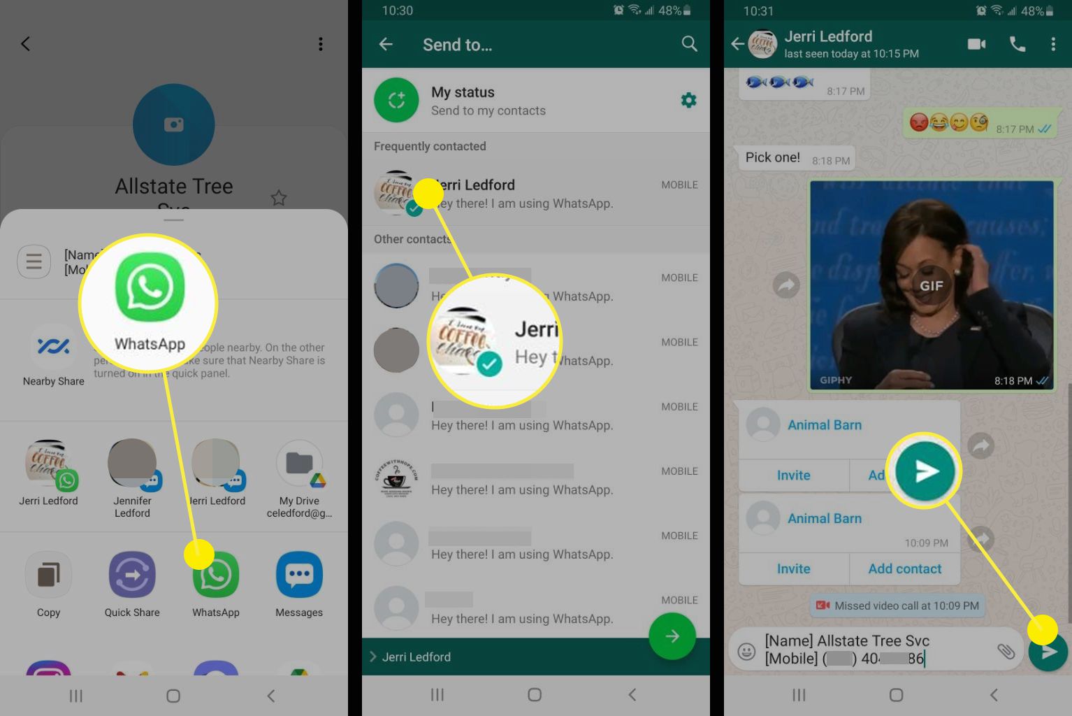 Snímky obrazovky odeslání kontaktu Android na WhatsApp.