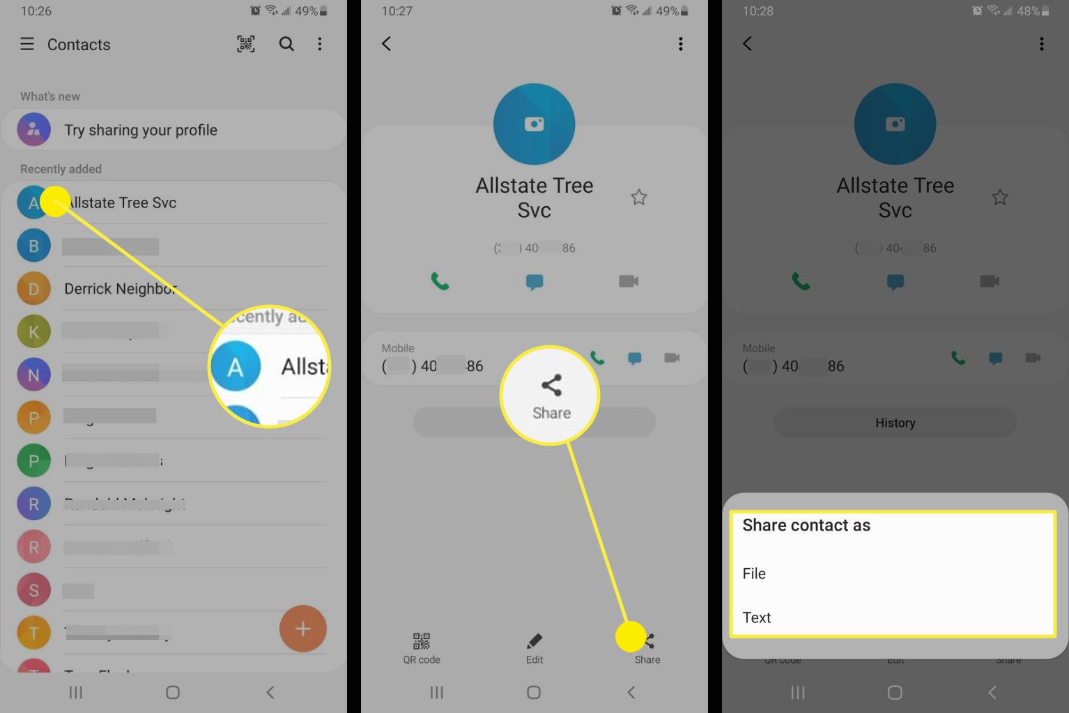 Snímky obrazovky sdílení kontaktu Android v aplikaci WhatsApp.