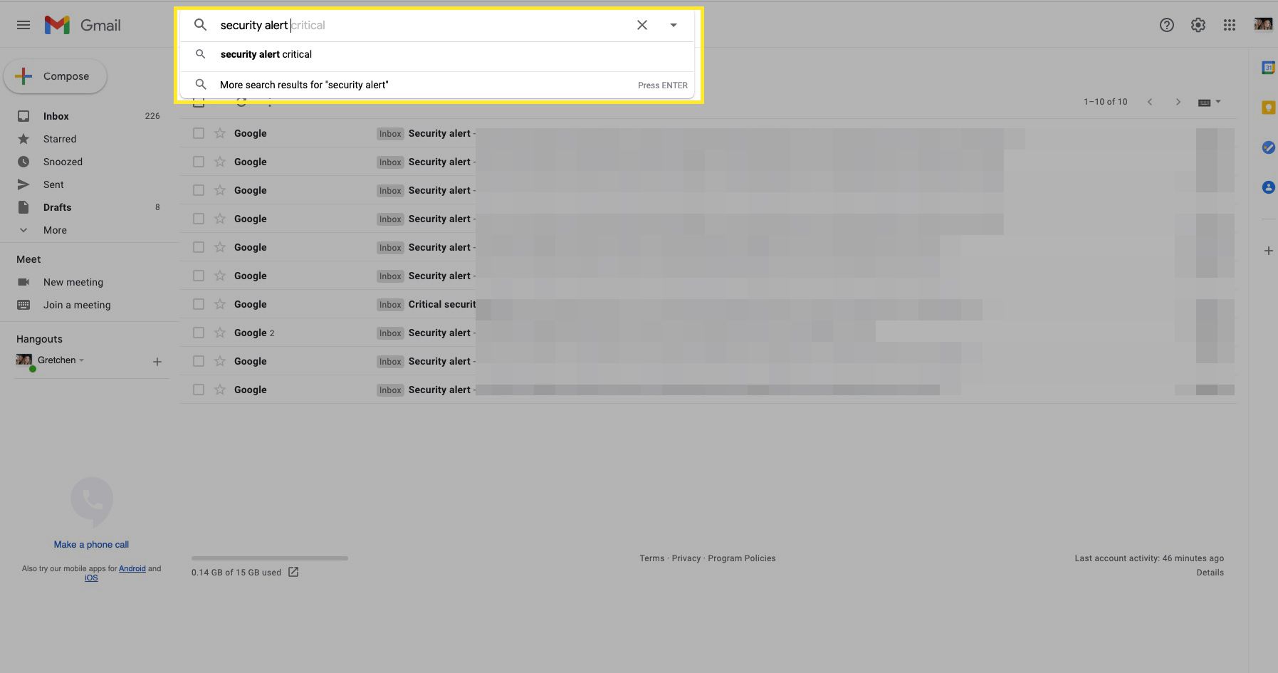 Hledání e -mailů v Gmailu k označení pomocí zvýrazněného zabezpečení ve vyhledávacím poli