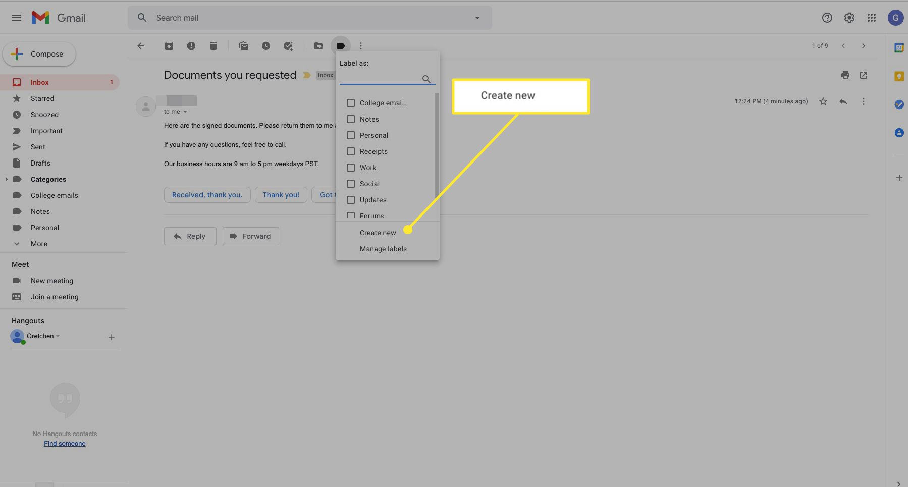 Pole možností štítku v Gmailu se zvýrazněným Vytvořit nový