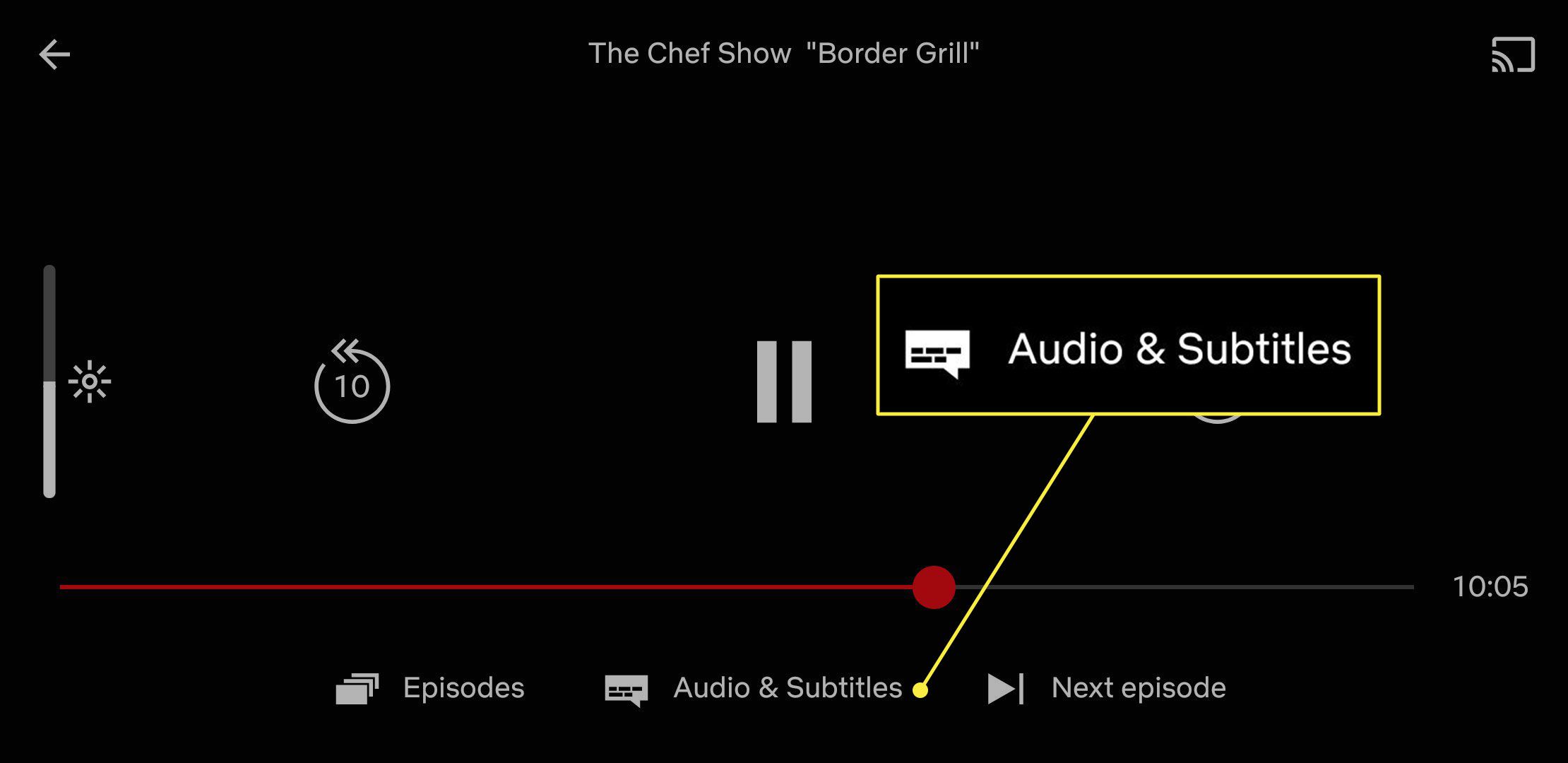 Snímek obrazovky Netflixu spuštěného na mobilním zařízení se zvýrazněným záhlavím Audio a titulky