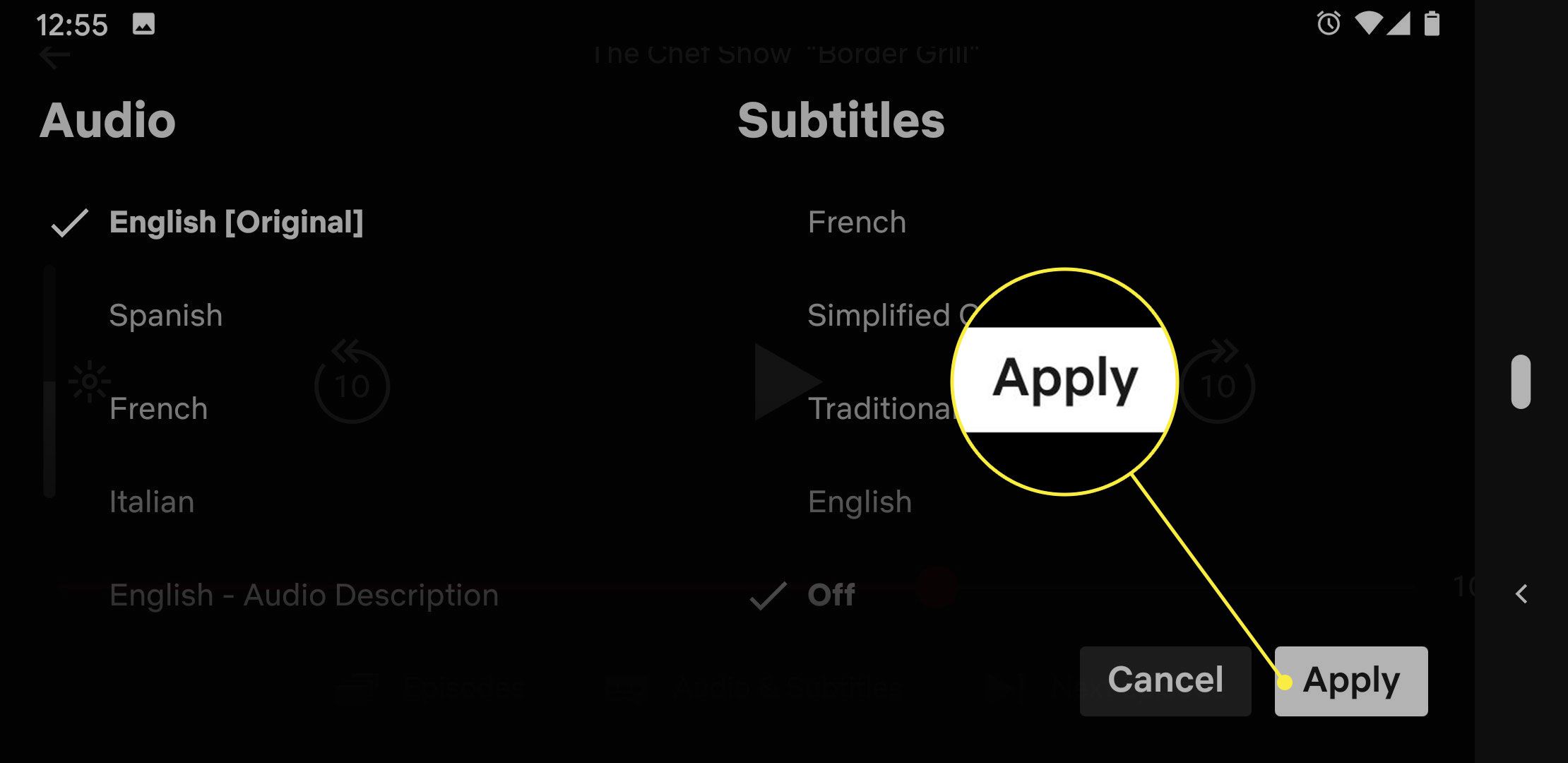 Snímek obrazovky nastavení zvuku a titulků na Netflixu se zvýrazněným tlačítkem Použít