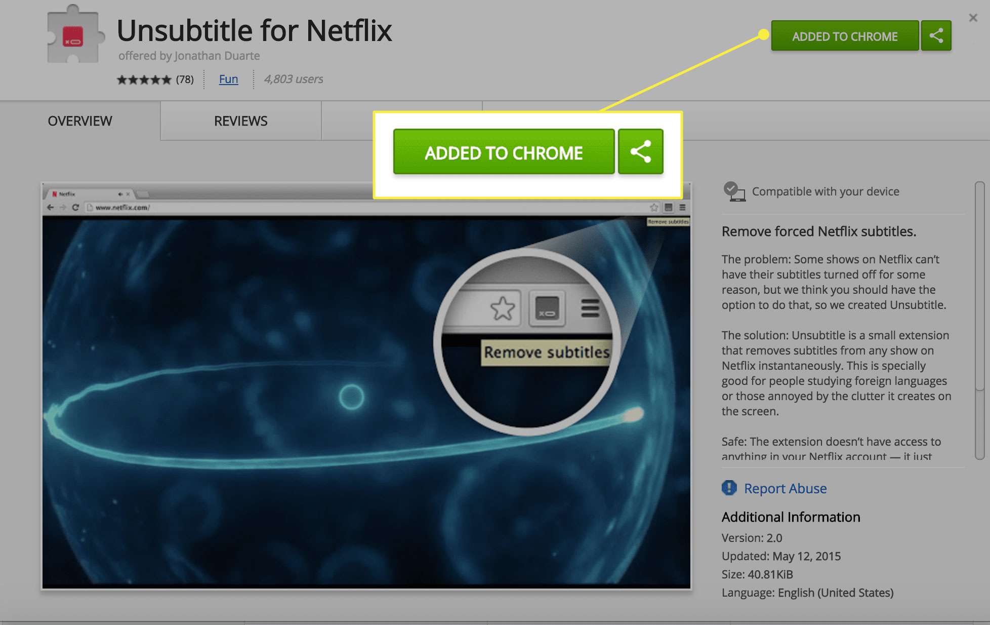 Snímek obrazovky stránky s rozšířením Unsubtitle pro Netflix pro Chrome se zvýrazněným tlačítkem Přidat