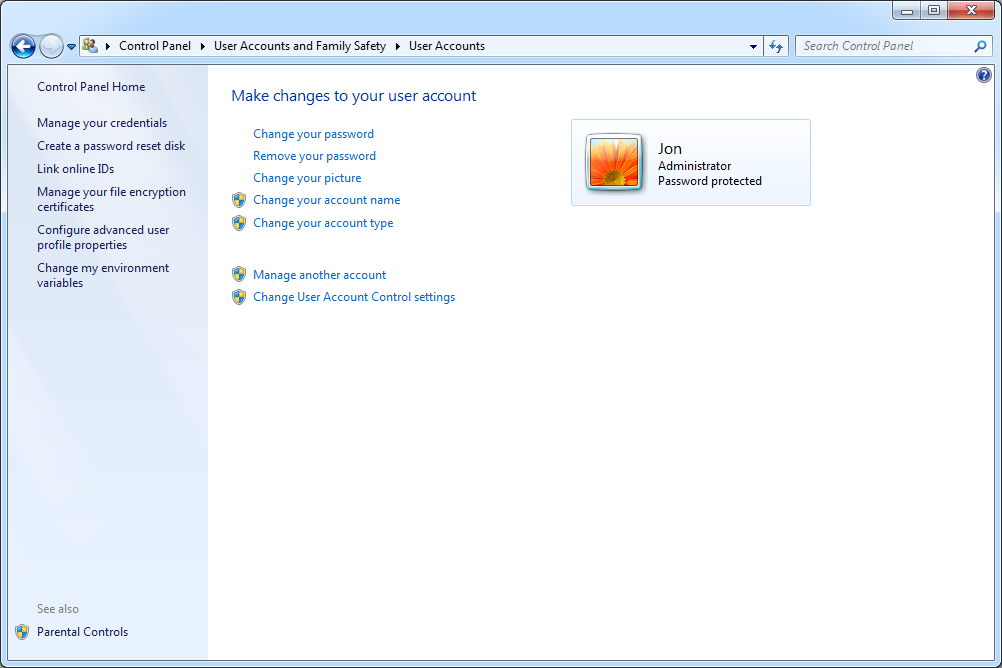 Obrazovka Uživatelské účty Windows 7