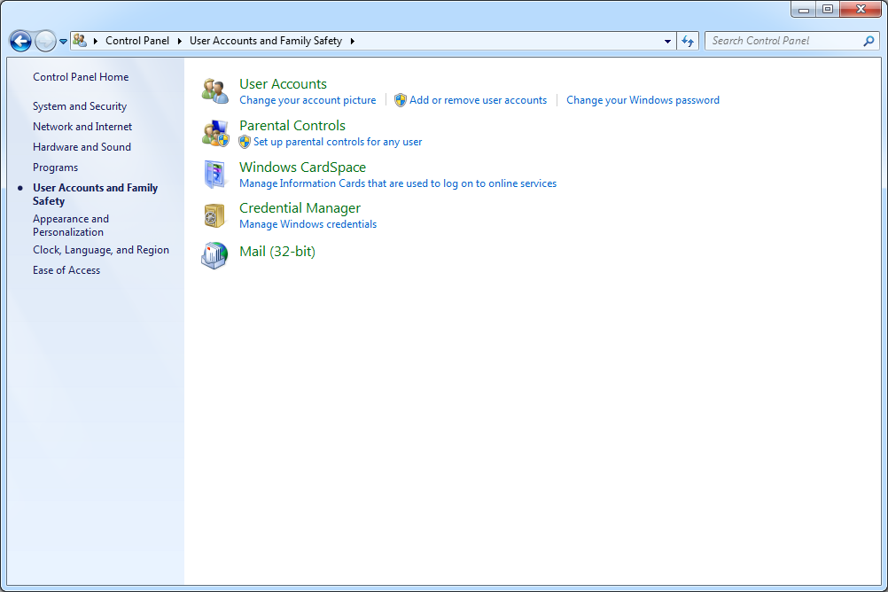 Obrazovka Uživatelské účty a bezpečnost rodiny v systému Windows 7