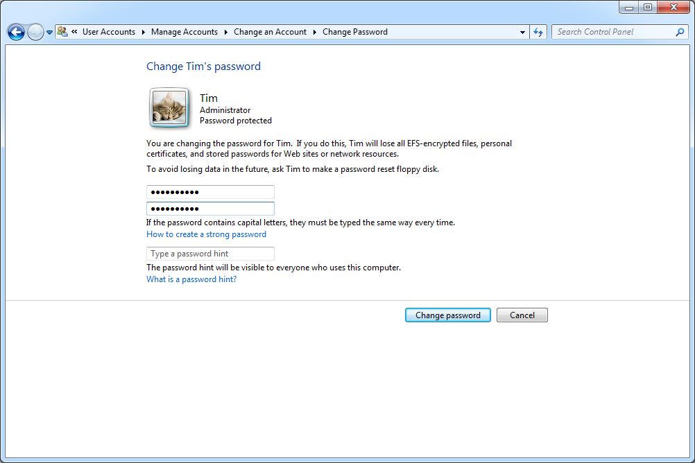 Obrazovka Windows 7 Change Password