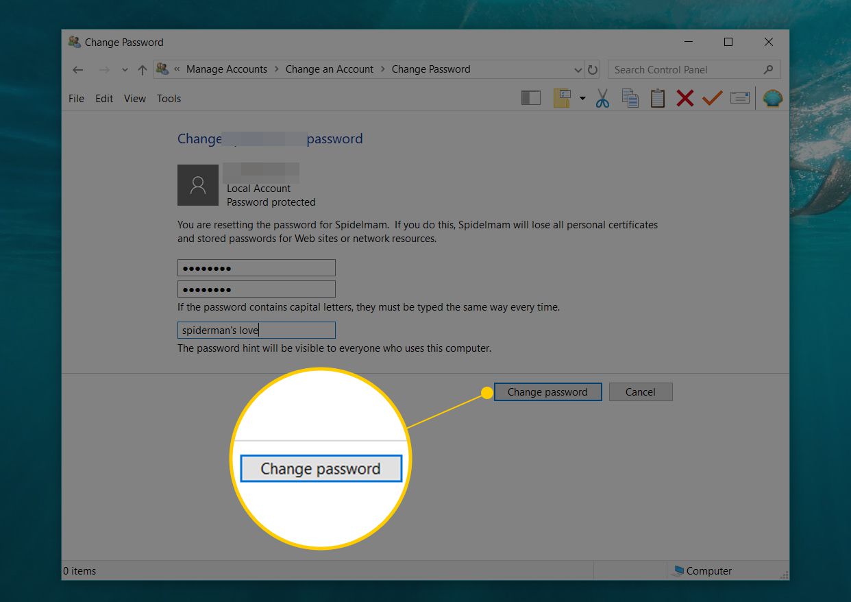 Tlačítko Změnit heslo v okně Změnit heslo
