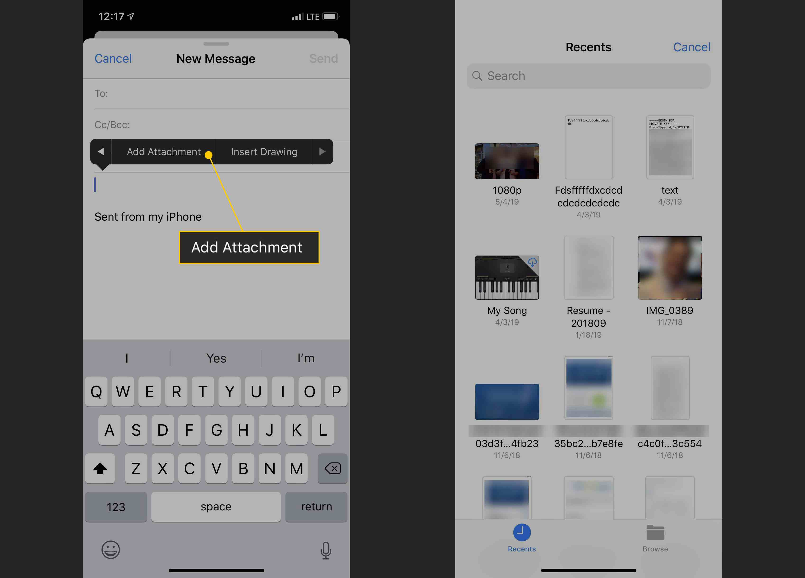 Přidejte přílohu na obrazovku Nová zpráva a soubory v iOS Mailu