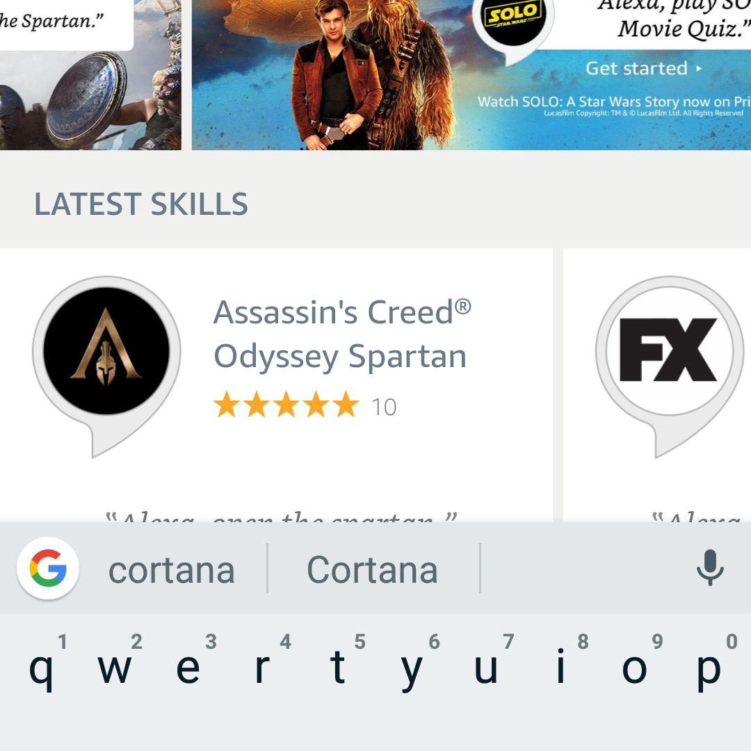Alexa pro Android vyhledává dovednosti Cortany