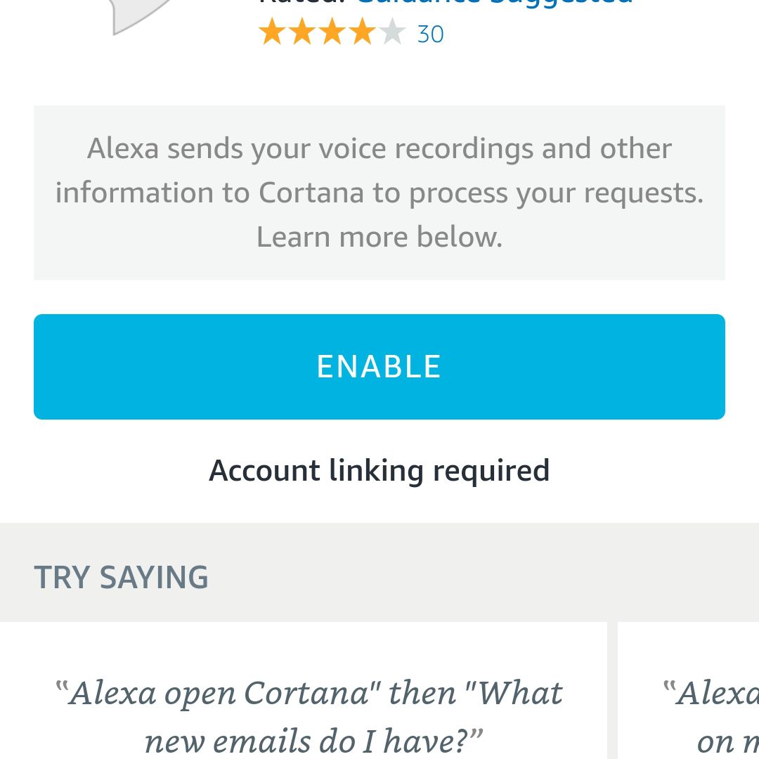 Snímek obrazovky s tlačítkem Povolit zobrazeným pro dovednost Cortany v aplikaci Android Alexa