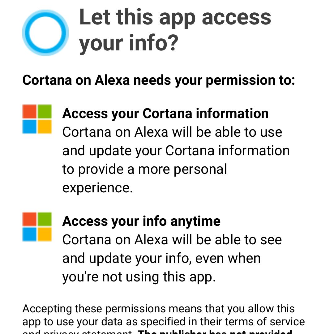 Snímek obrazovky Cortany na žádost o schválení oprávnění Alexa v aplikaci Alexa pro Android.