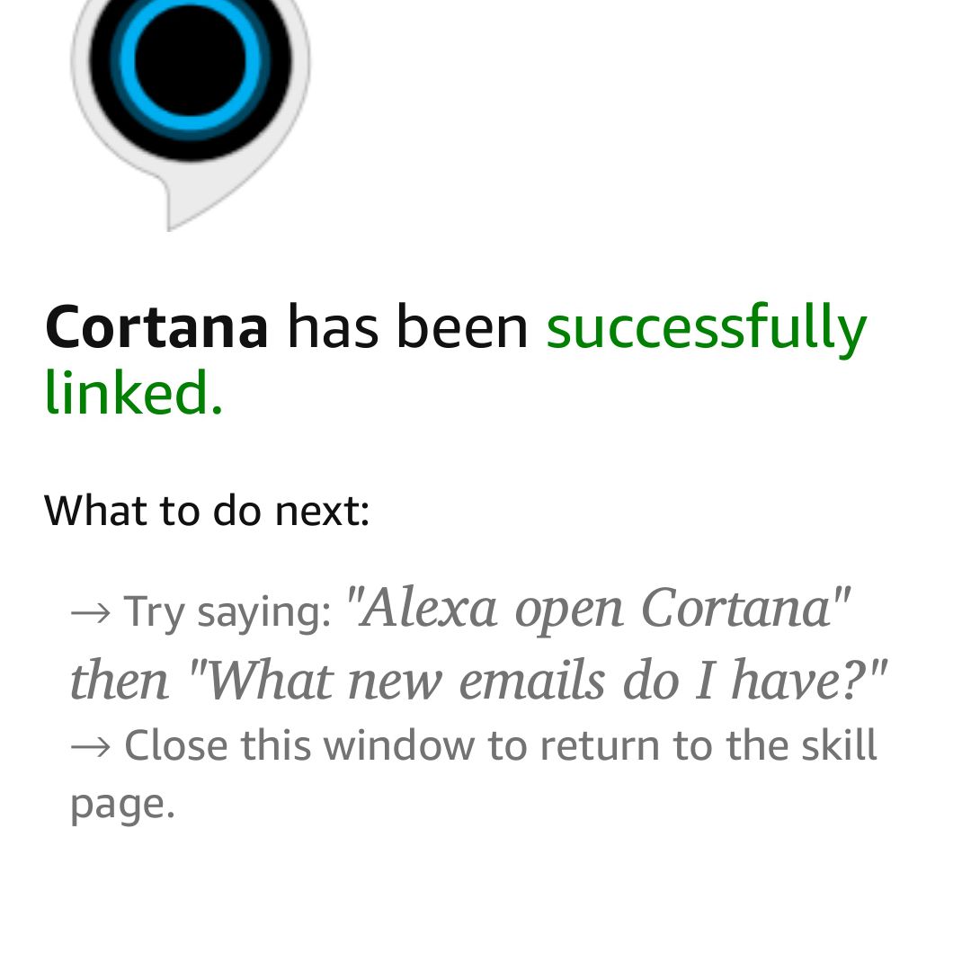Snímek obrazovky, který ukazuje, že Cortana byla úspěšně propojena s Alexou v systému Android.