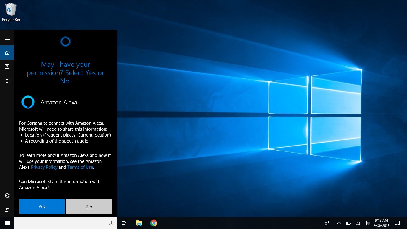 Snímek obrazovky systému Windows, který vyžaduje povolení společnosti Microsoft ke sdílení informací s Amazon Alexa.