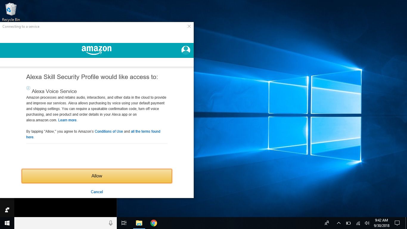 Snímek obrazovky Windows ukazuje požadovaná oprávnění Alexa Voice Service.