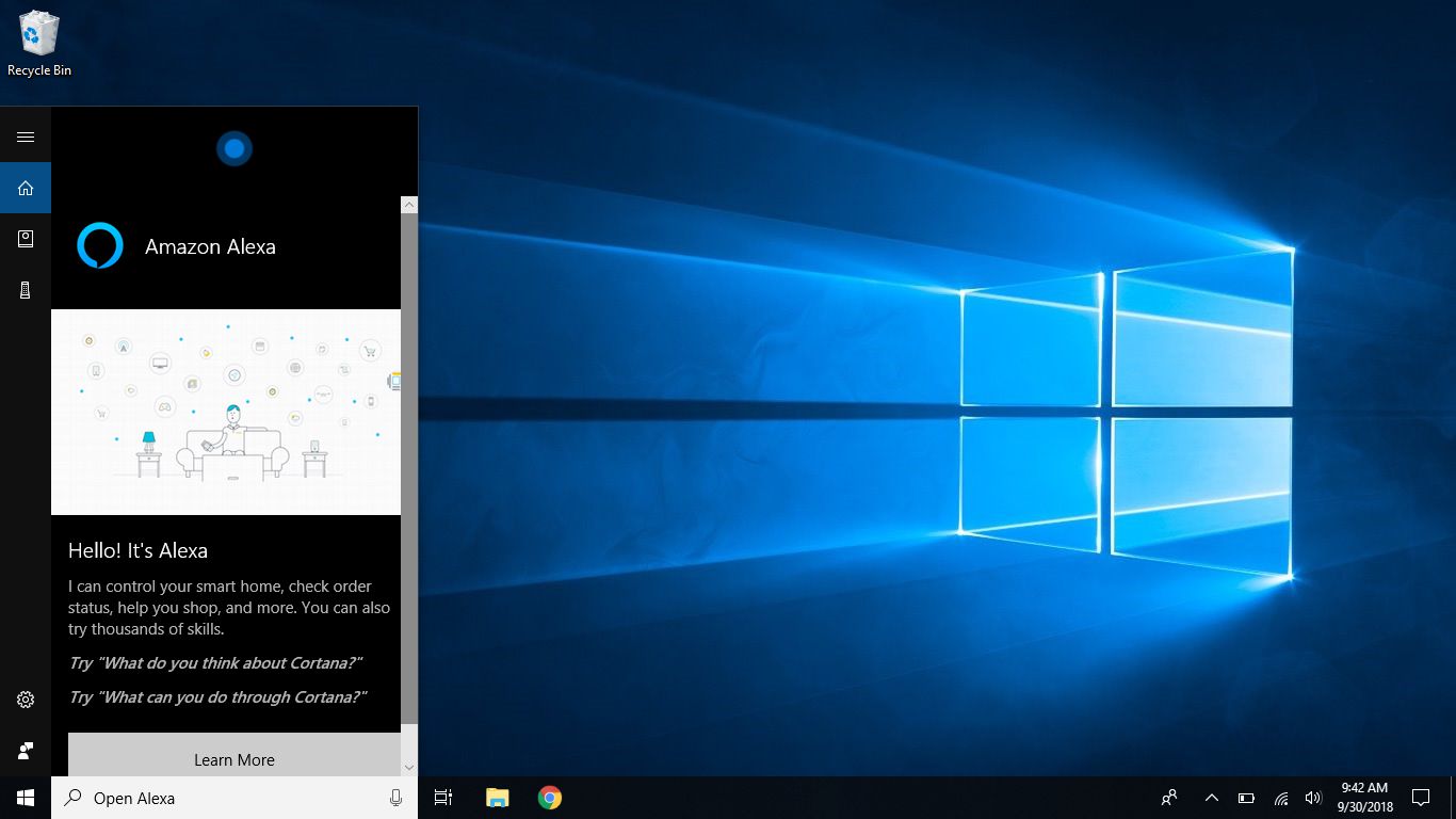 Screenshot Windows, který ukazuje "Ahoj!  To je Alexa" potvrzující, že Cortana a Alexa jsou nyní spojeny.