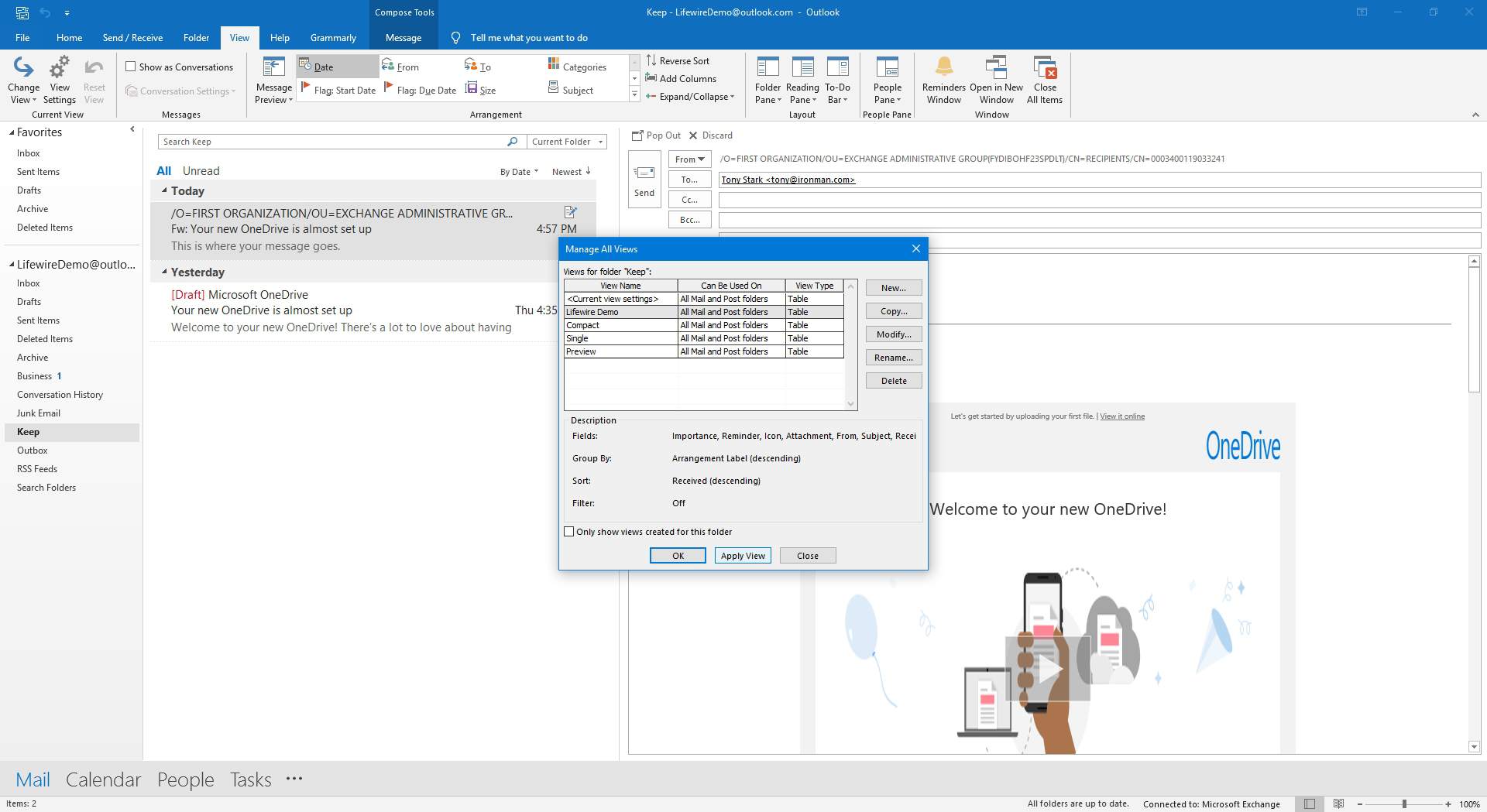 Výběr nově vytvořeného zobrazení pomocí Spravovat zobrazení v aplikaci Outlook.