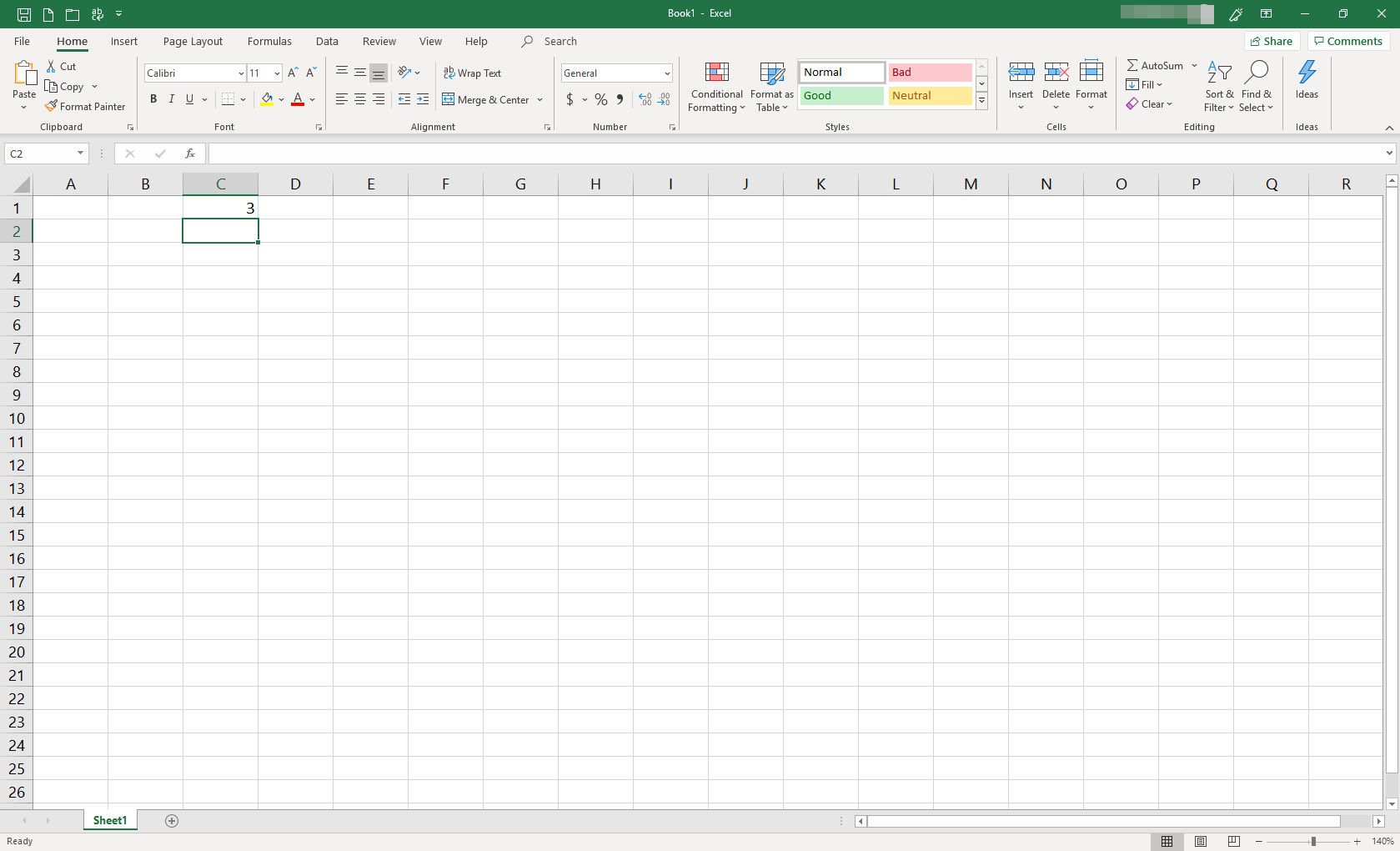 Tabulka MS Excel s jednou buňkou naplněnou daty