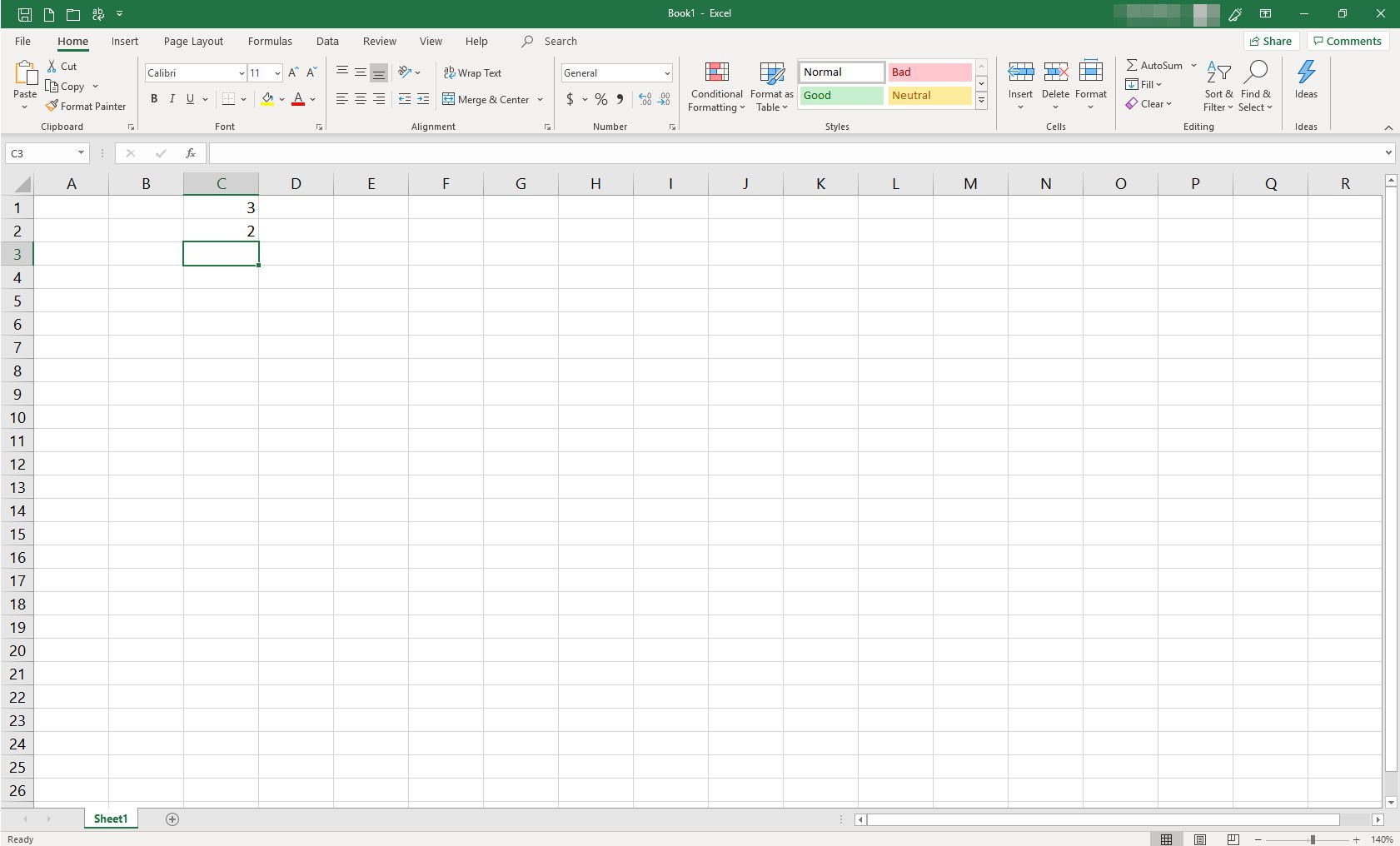 Tabulka MS Excel se dvěma buňkami naplněnými daty