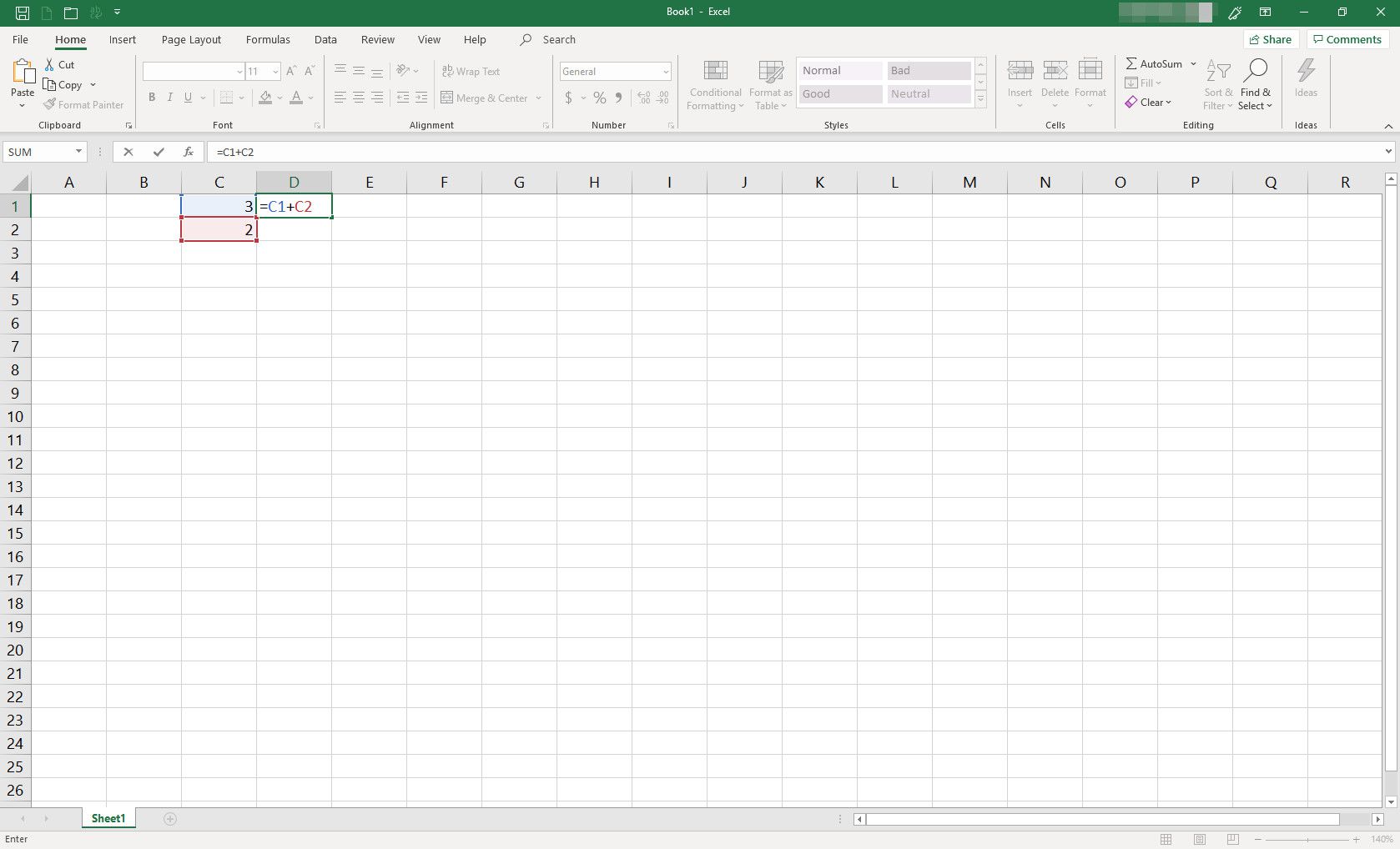 Tabulka MS Excel se dvěma buňkami naplněnými daty a vzorcem napsaným do třetí buňky