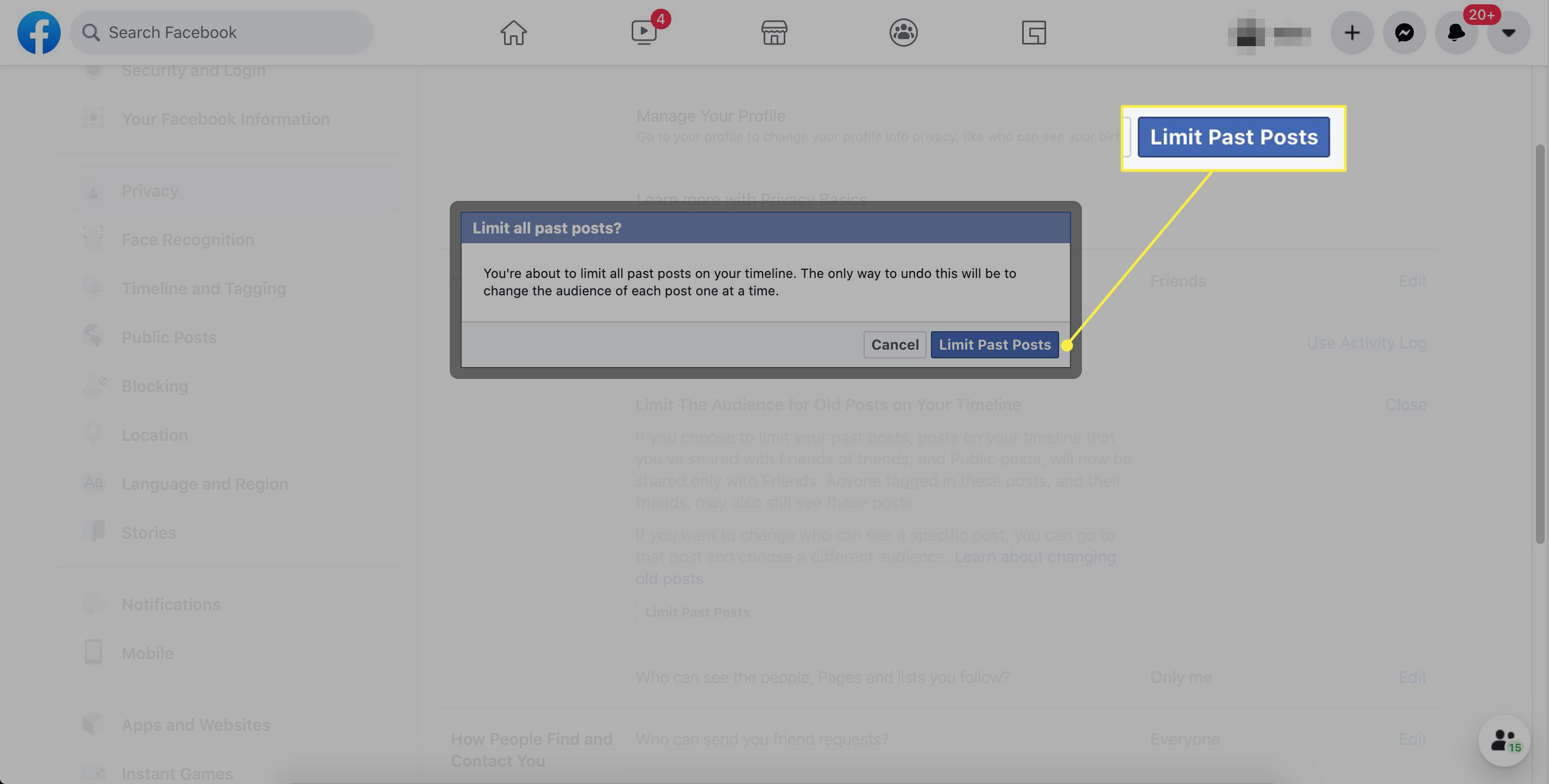Tlačítko pro potvrzení „Omezit minulé příspěvky“ v nastavení Facebooku