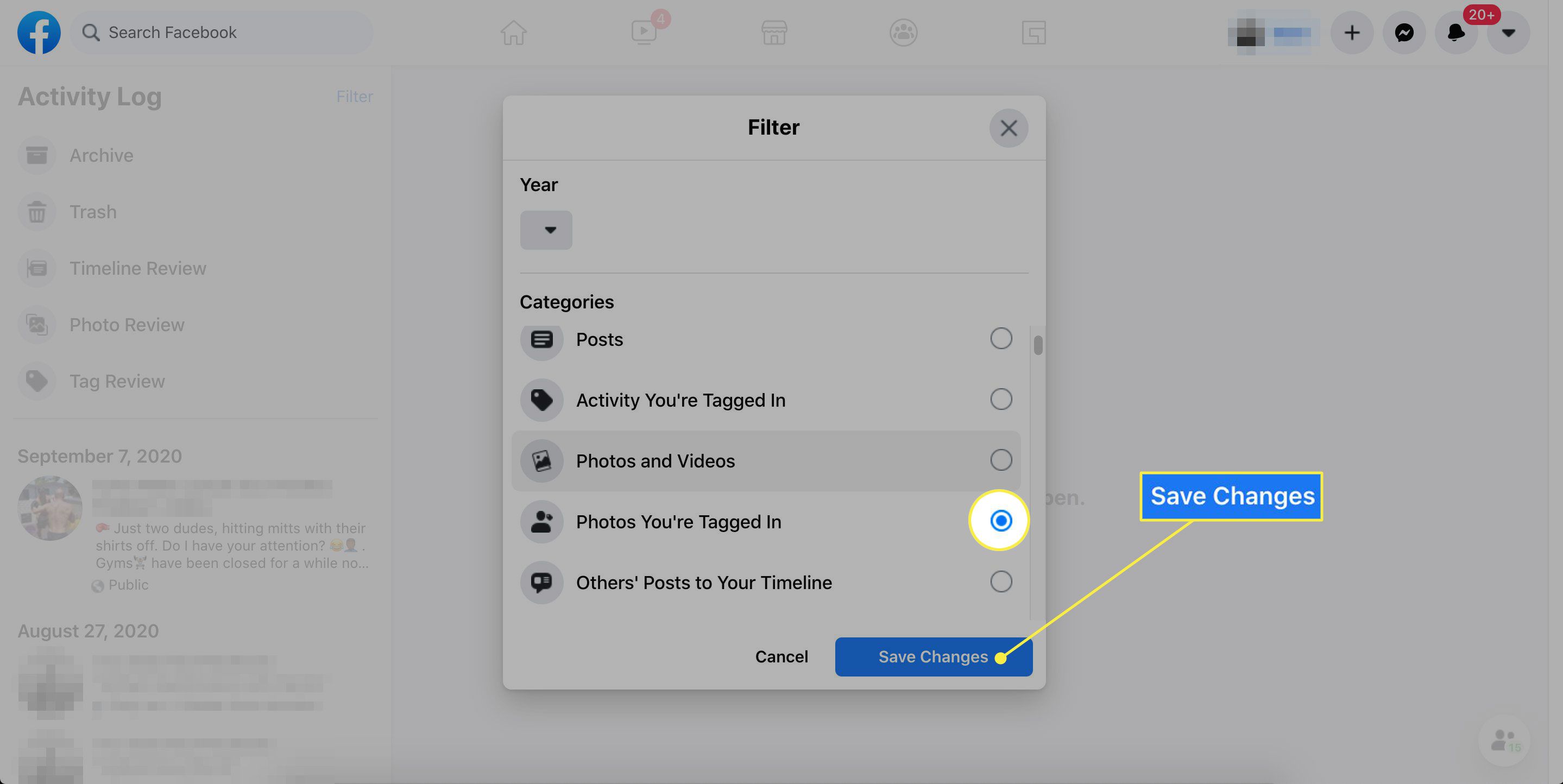 Možnosti filtrování pro protokol aktivit v nastavení Facebooku