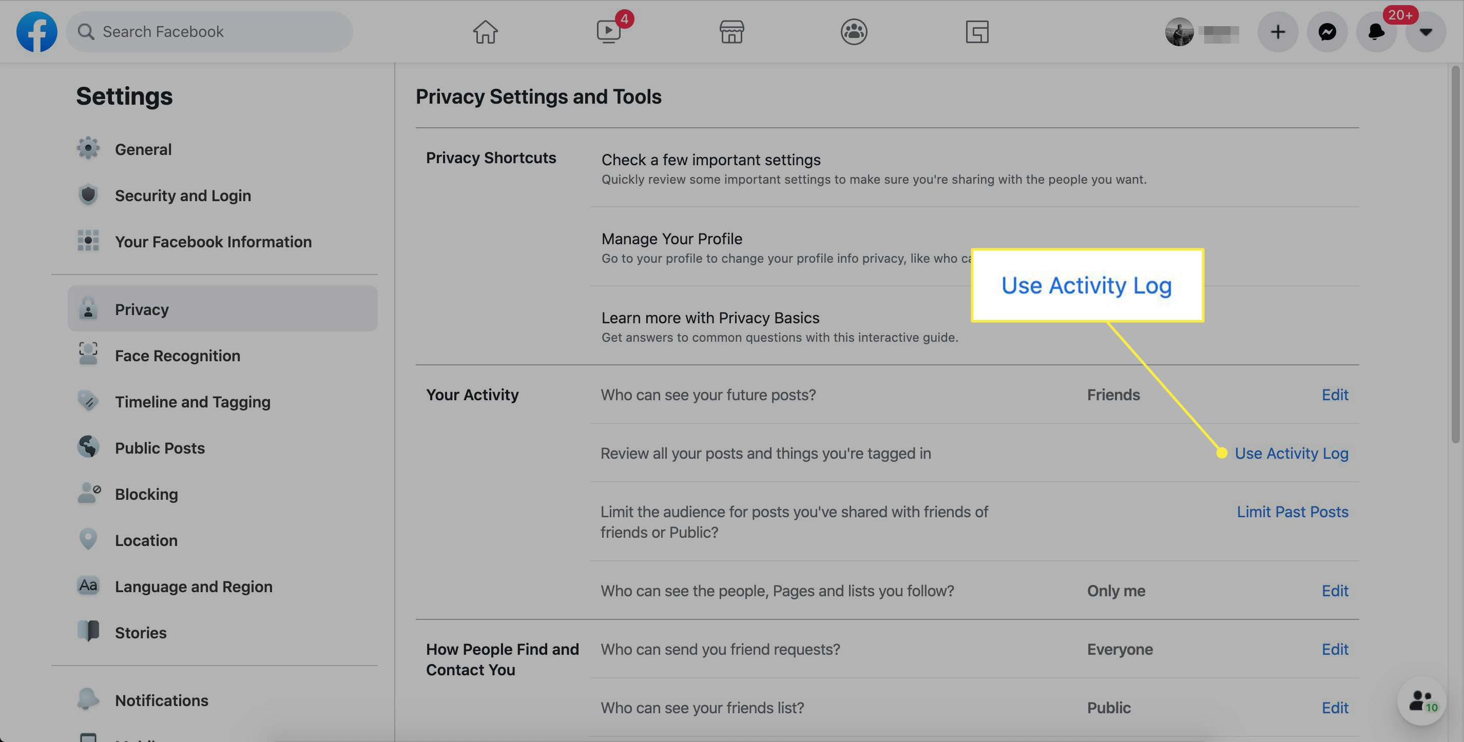 Tlačítko „Použít protokol aktivit“ v nastavení Facebooku