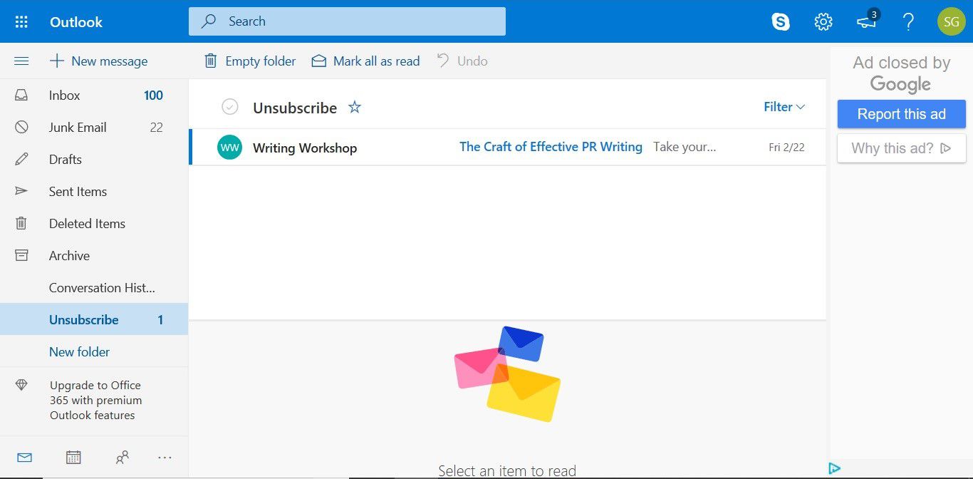 Složka Unsubscribe přidaná na Outlook.com Unsubscriber