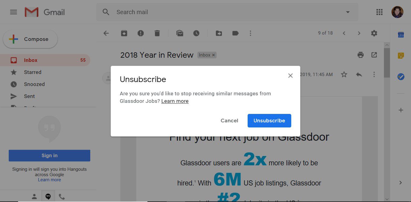 Oznámení o potvrzení odhlášení zobrazené v odkazu pro odhlášení z Gmailu