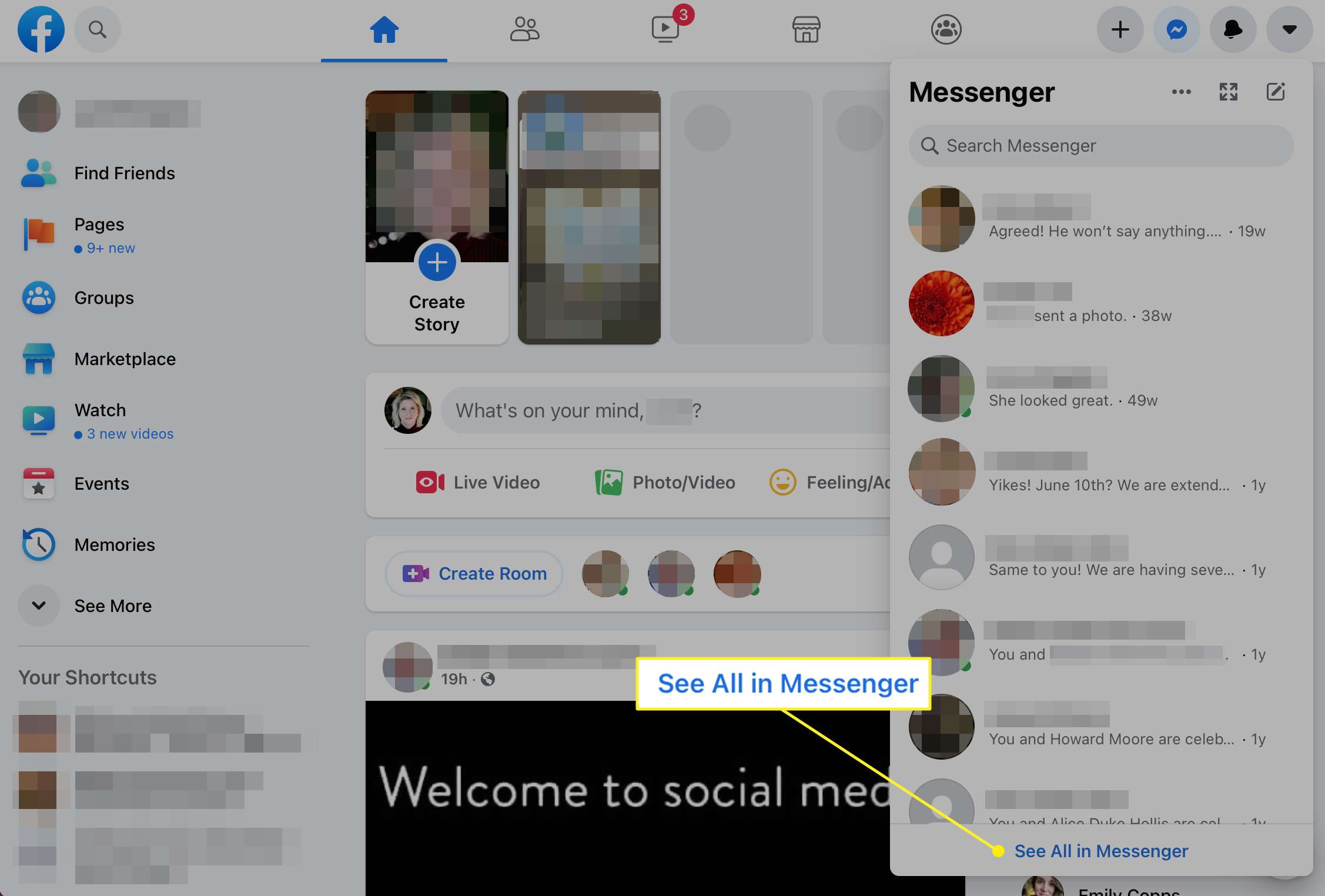 Seznam Messengeru na Facebook.com zobrazující Zobrazit vše ve výběru Messengeru