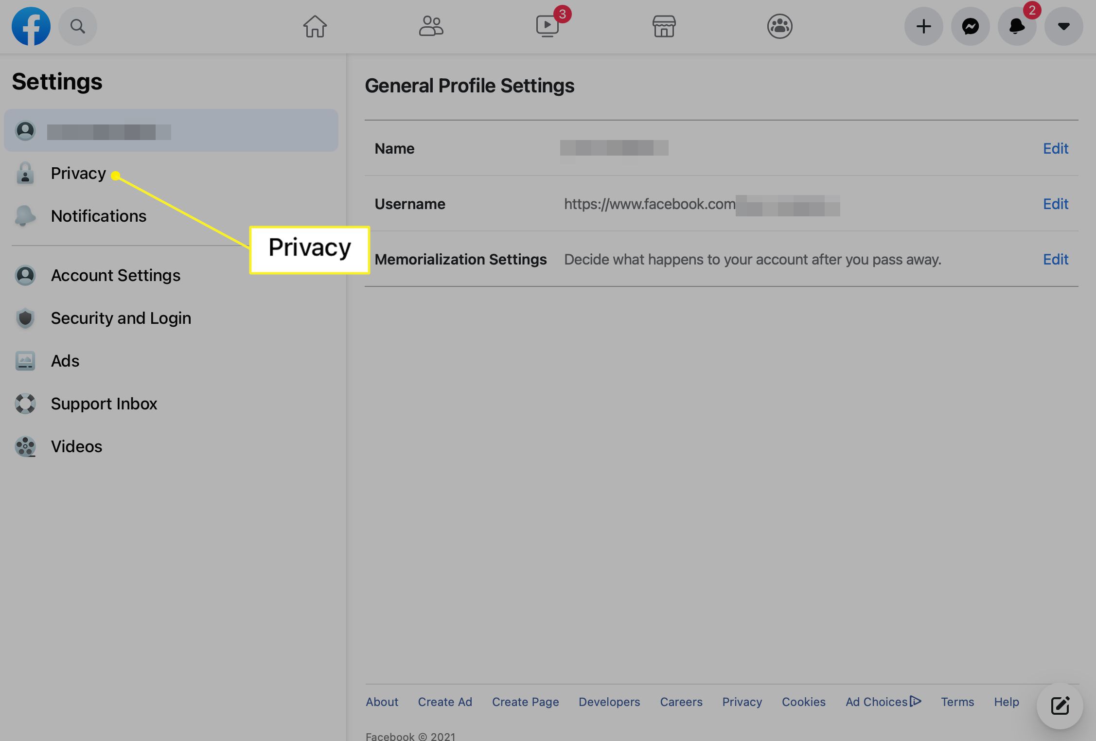 Web Facebook s ochranou soukromí vybranou na postranním panelu Nastavení
