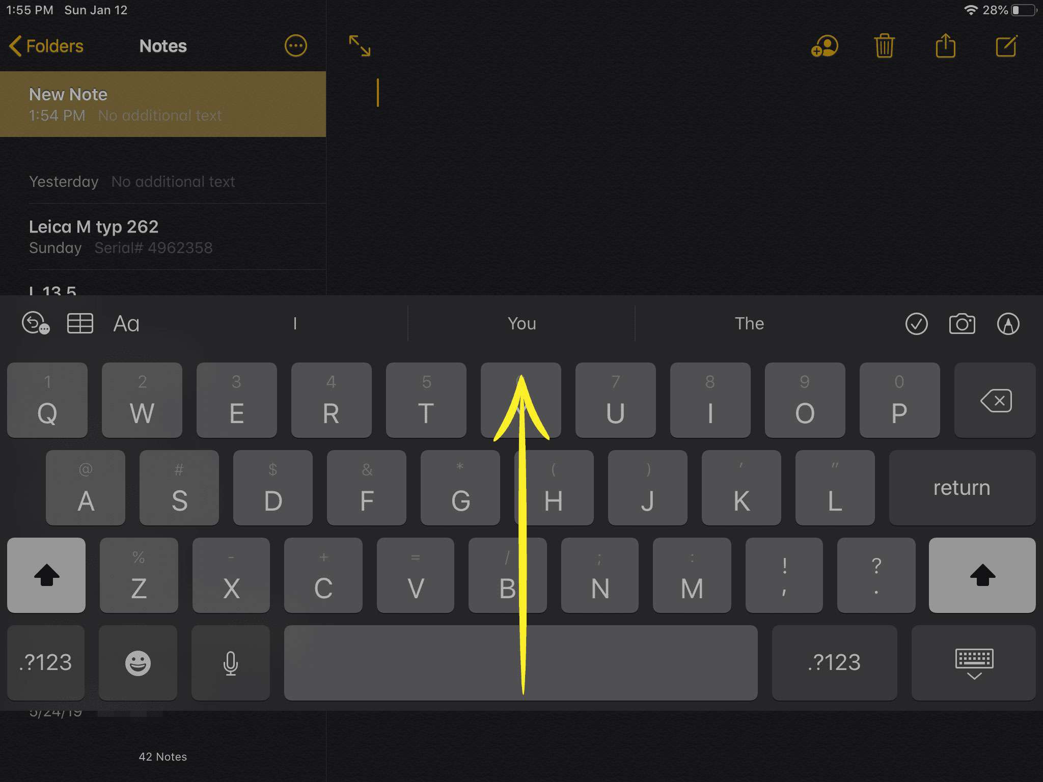 Snímek obrazovky iPadu s pohybující se klávesnicí