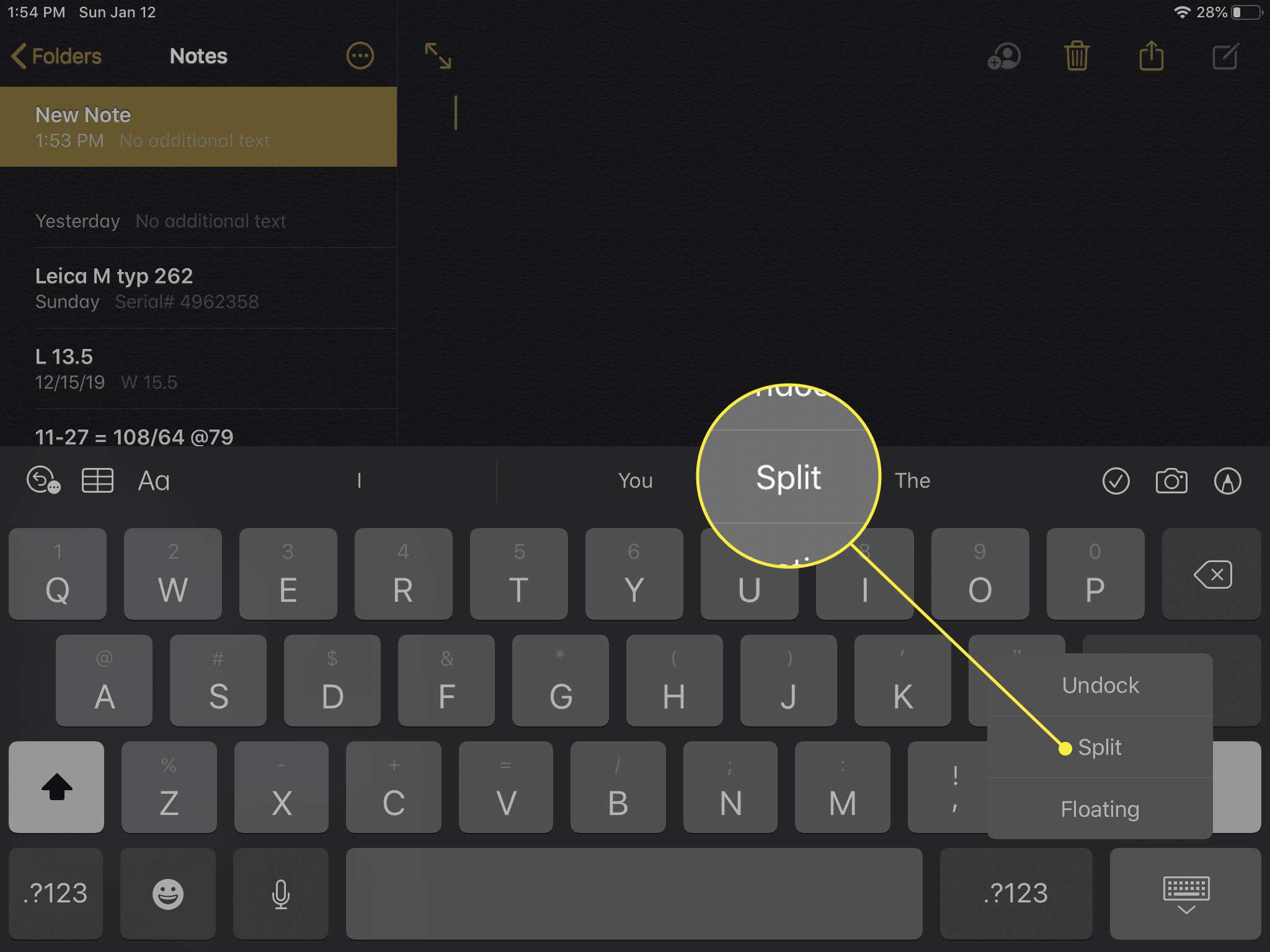 Snímek obrazovky klávesnice iPadu se zvýrazněnou možností Rozdělit