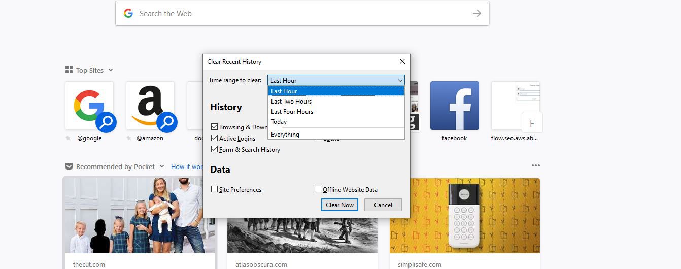 Časový rozsah pro vymazání možností ve Firefoxu Vymazat okno nedávné historie