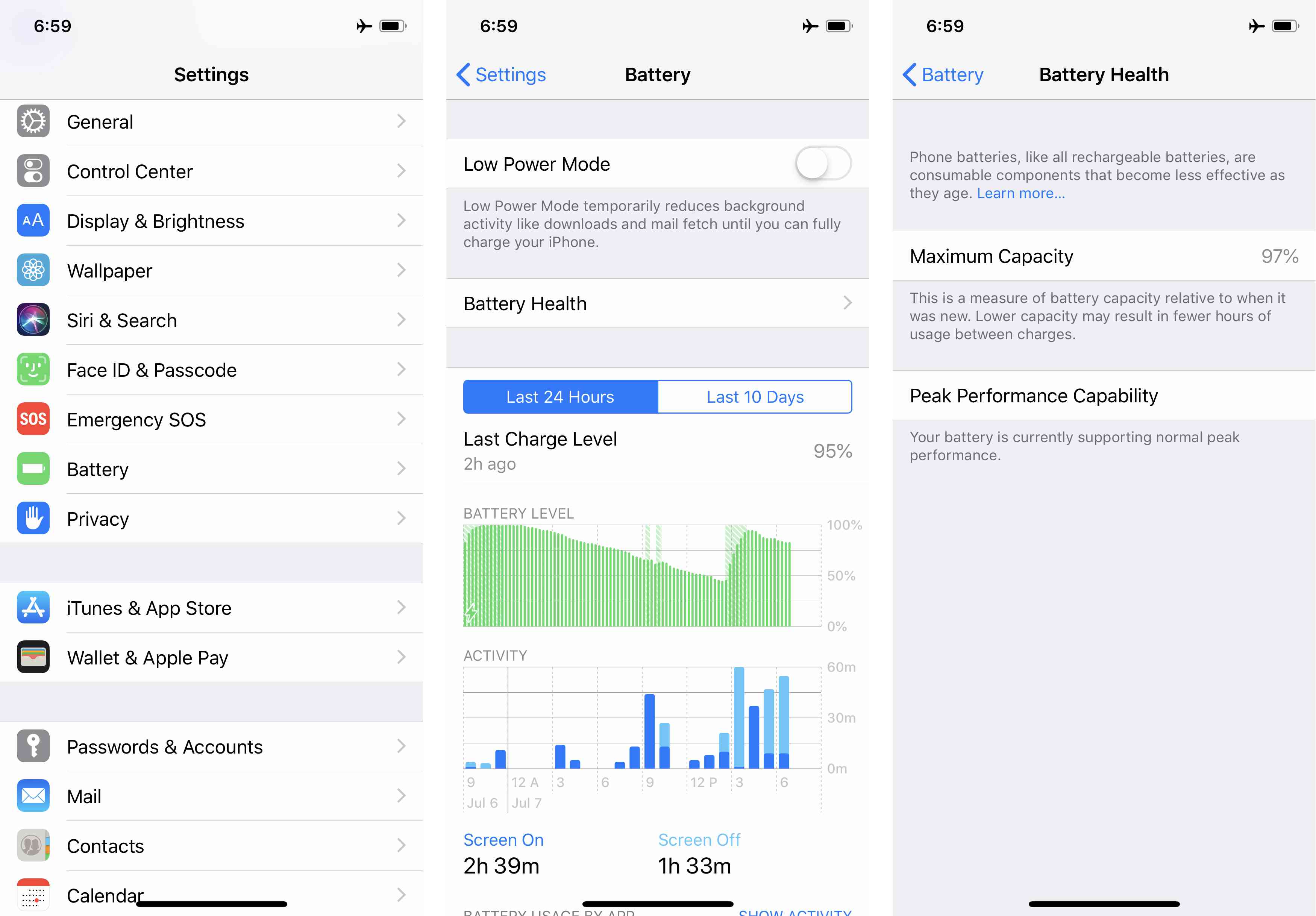 Snímky obrazovky funkce iPhone Battery Health