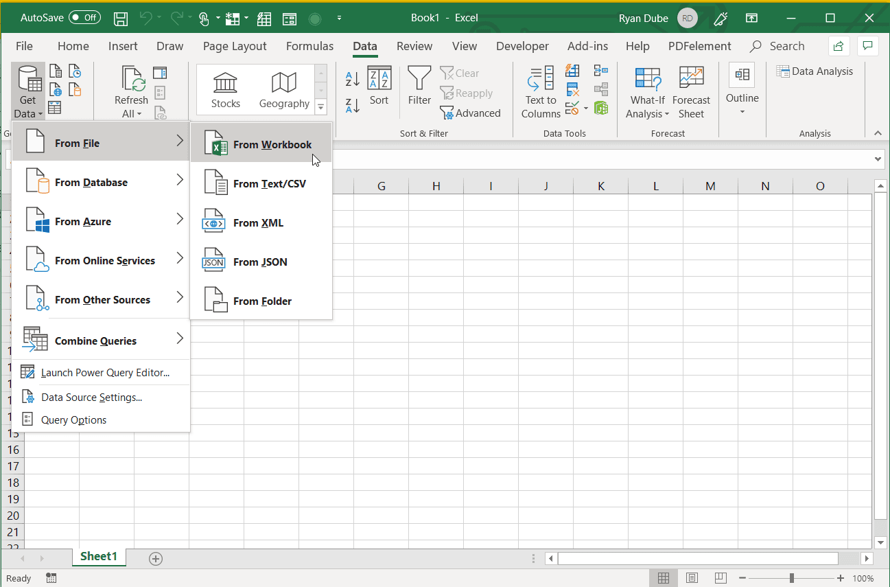 Snímek obrazovky s výběrem zdroje dat v aplikaci Excel