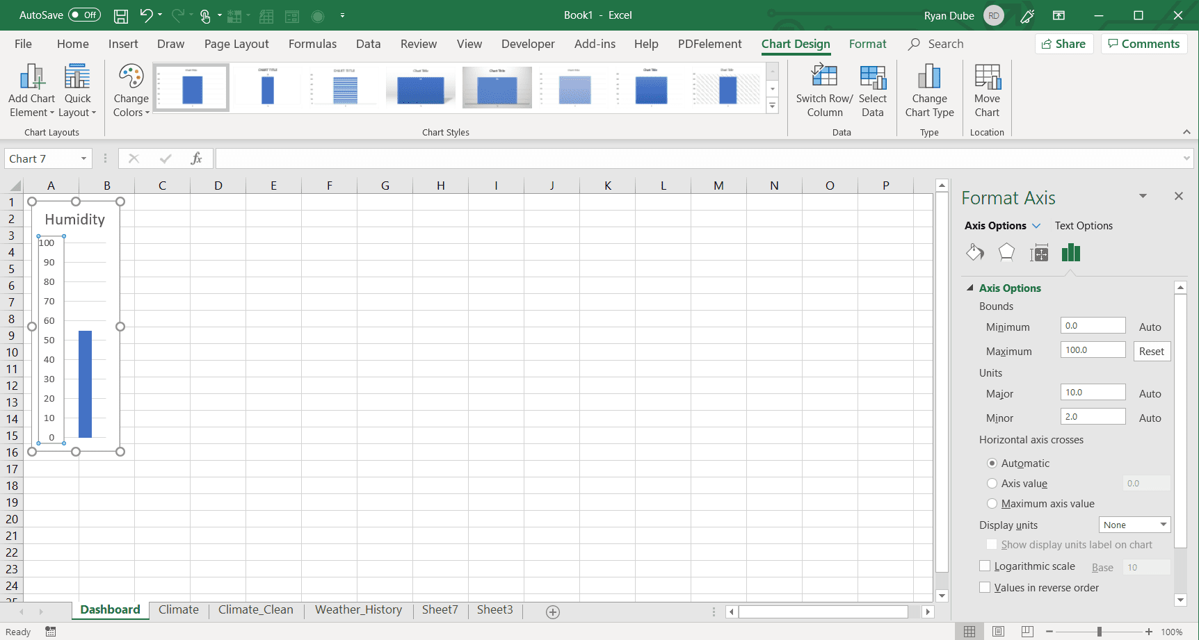 Snímek obrazovky s vytvořením jednoho sloupcového grafu datových bodů v aplikaci Excel