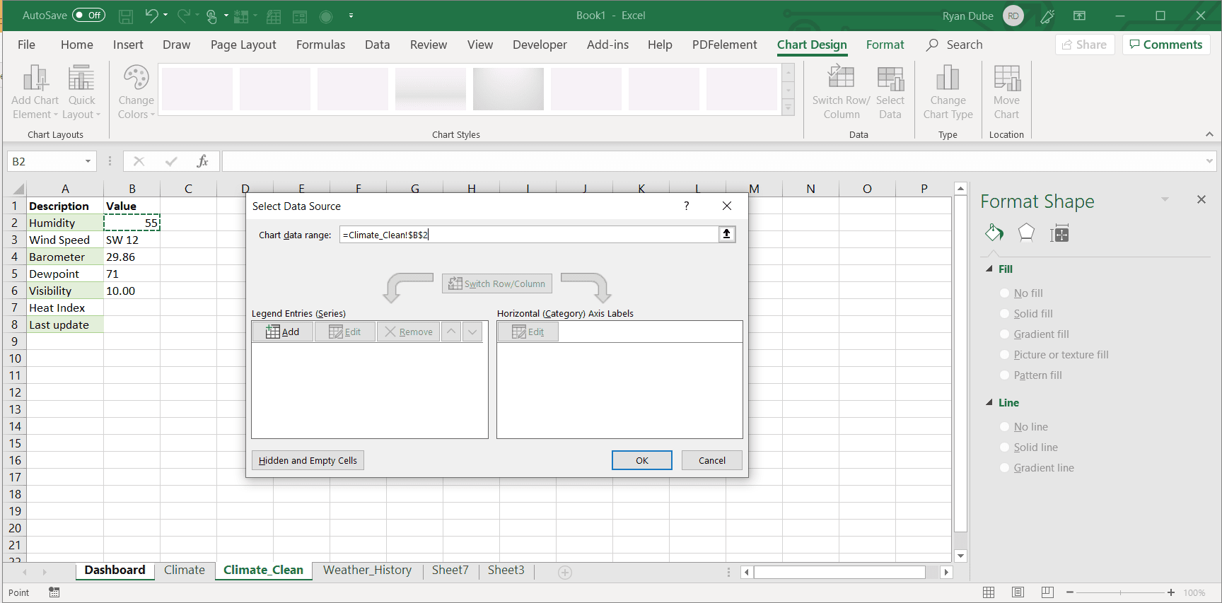 Snímek obrazovky výběru rozsahu dat grafu v aplikaci Excel