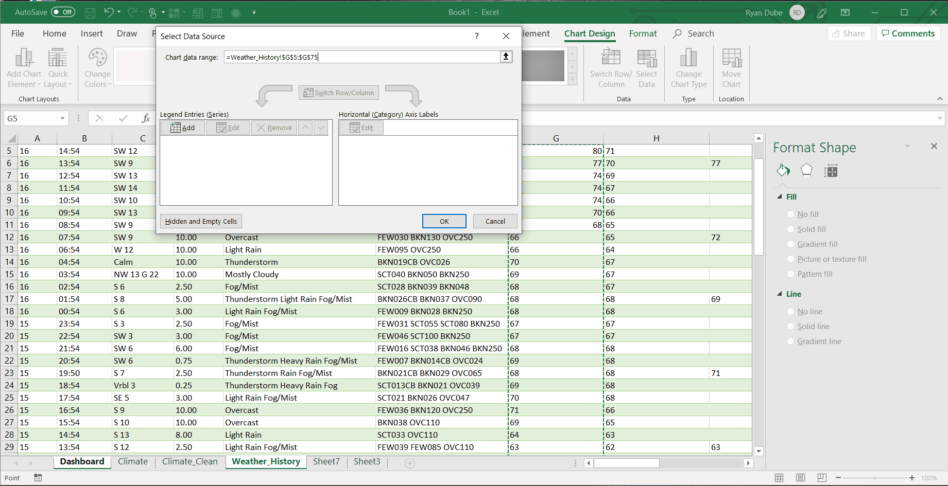 Snímek obrazovky výběru rozsahu dat v aplikaci Excel