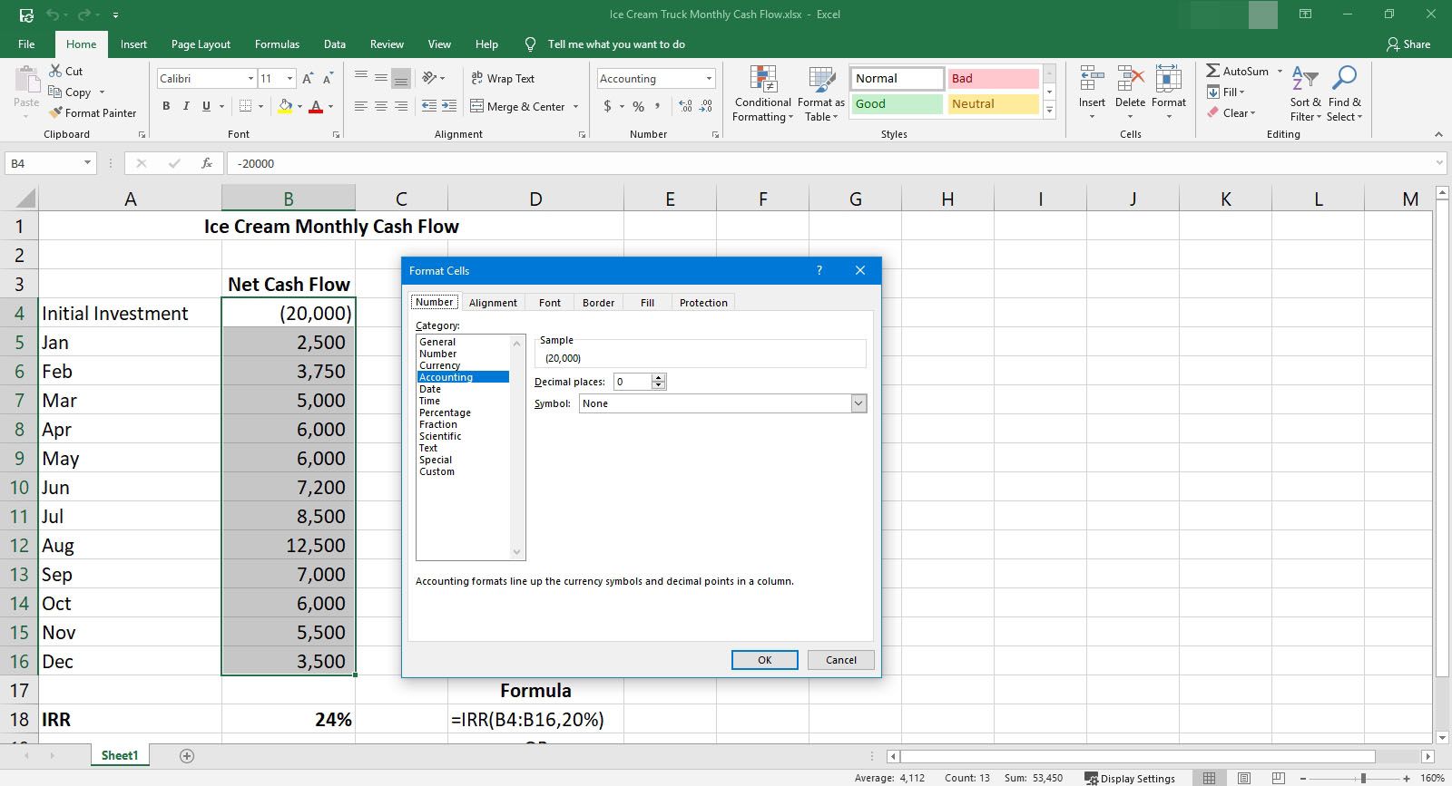 Dialogové okno Formát buněk v aplikaci Excel.