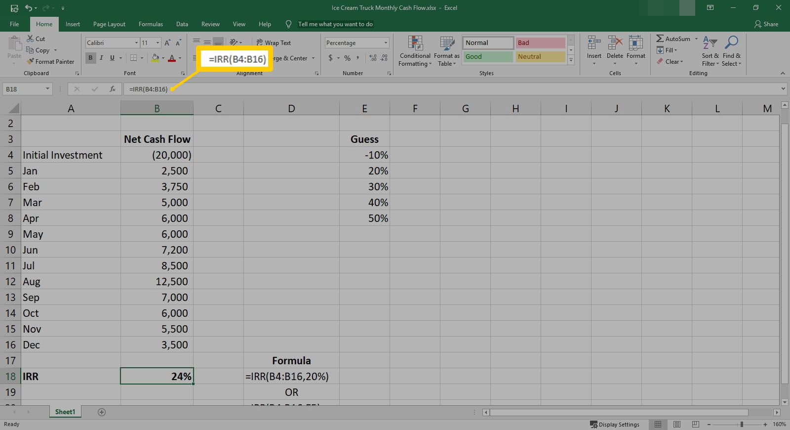 Zvýraznění vzorce IRR v aplikaci Excel.