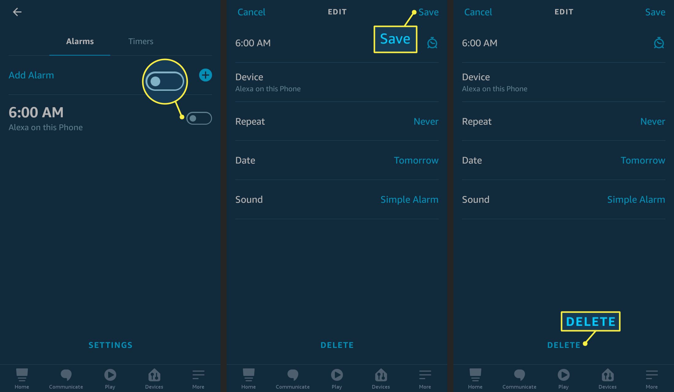 Přepínání alarmů, ukládání a mazání v aplikaci Alexa